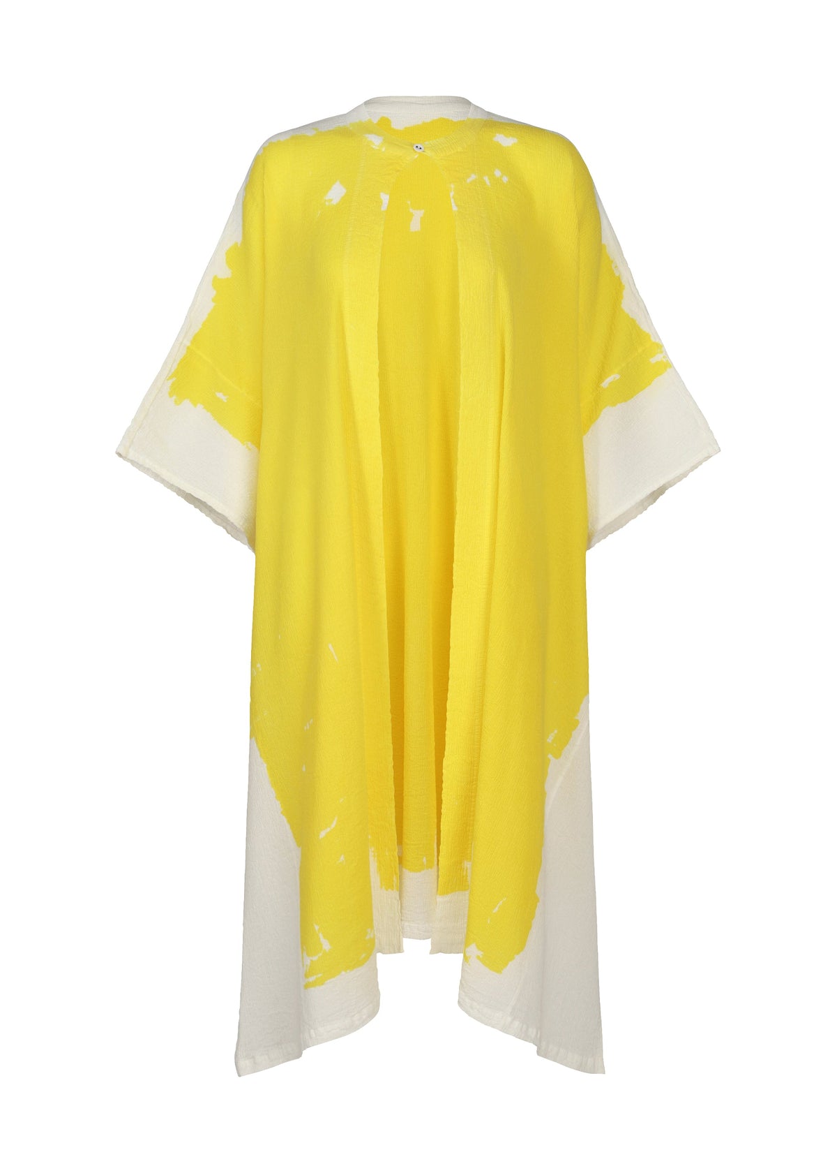 A product shot of the HAAT KYO CHIJIMI OVER PRINT cardigan in yellow (52).