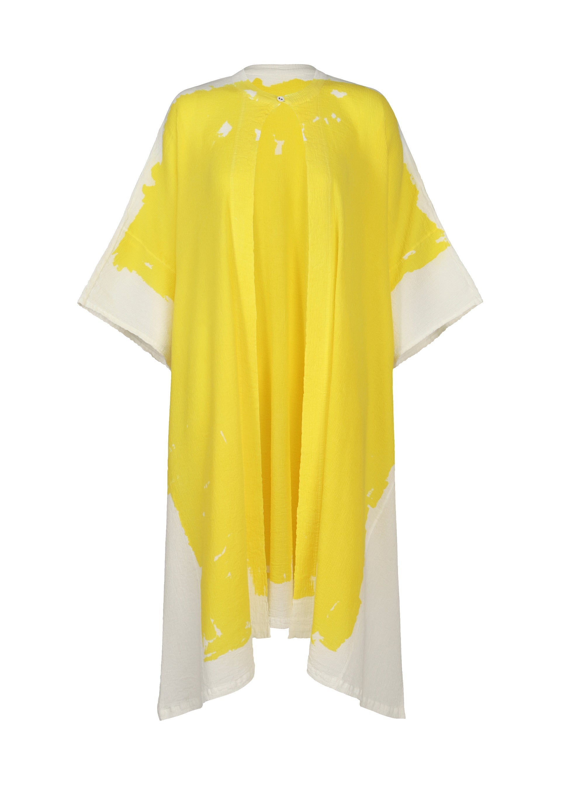 A product shot of the HAAT KYO CHIJIMI OVER PRINT cardigan in yellow (52).
