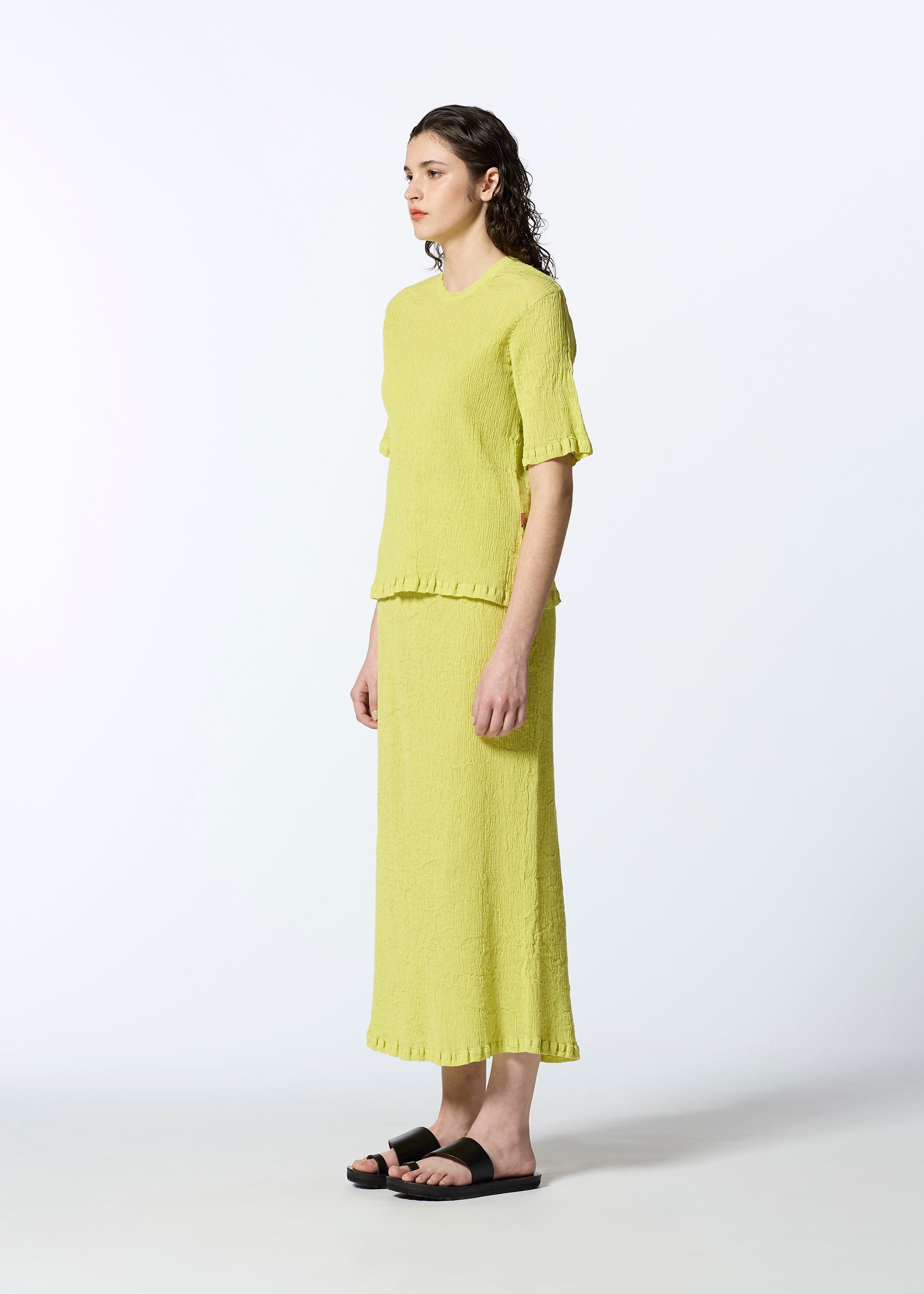 A model wears the HAAT KYO CHIJIMI AUGUST skirt.