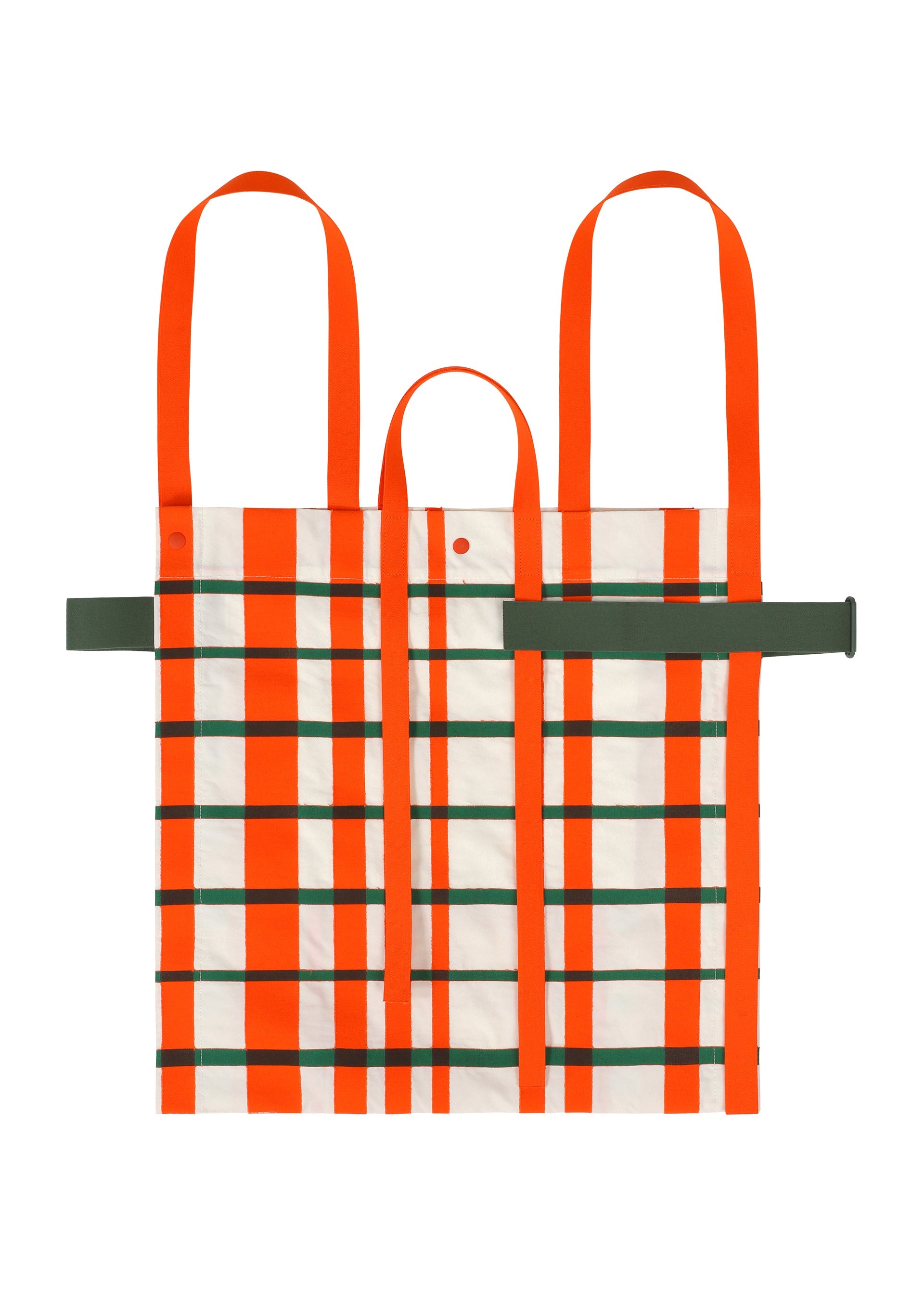A detail shot of the HOMME PLISSÉ ISSEY MIYAKE WINDSWEPT PLAID BAG bag.