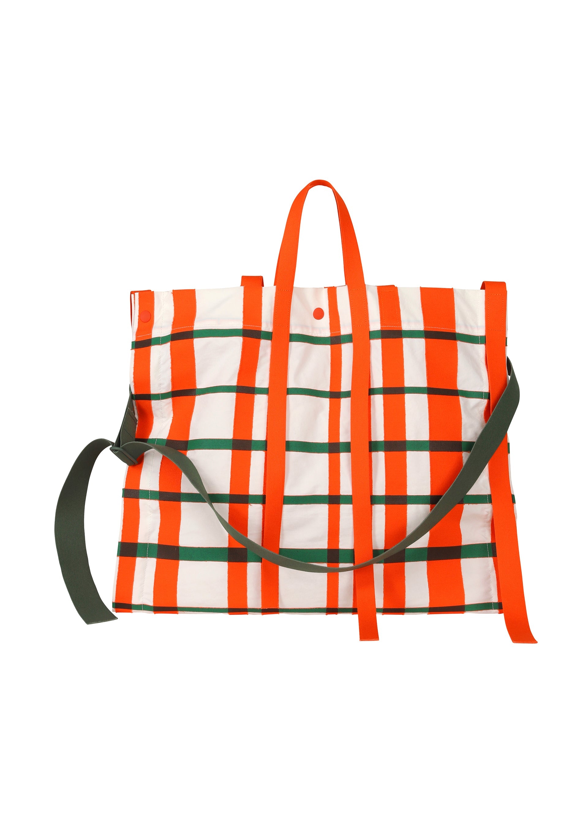 A detail shot of the HOMME PLISSÉ ISSEY MIYAKE WINDSWEPT PLAID BAG bag.