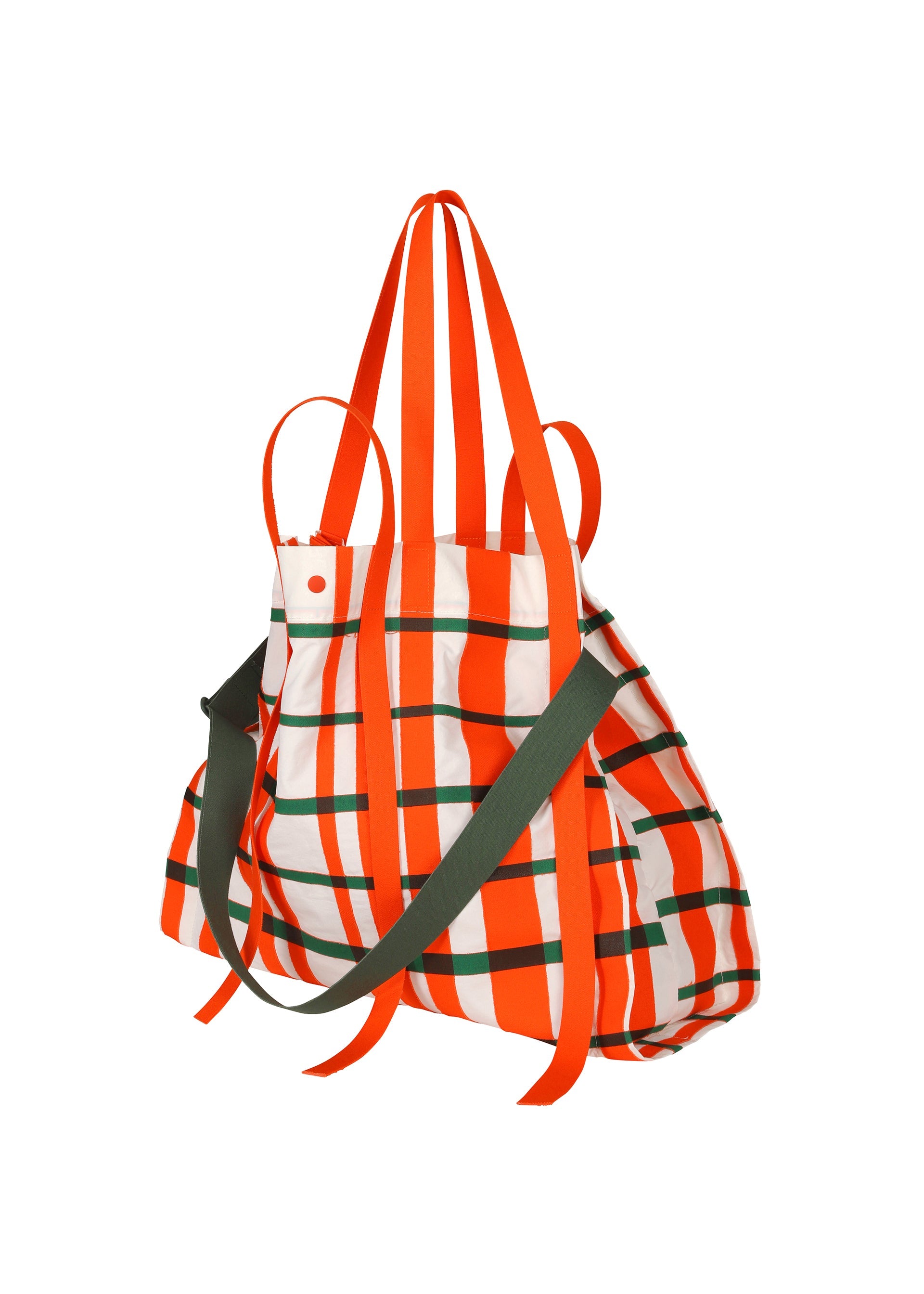 A detail shot of the HOMME PLISSÉ ISSEY MIYAKE WINDSWEPT PLAID BAG bag.