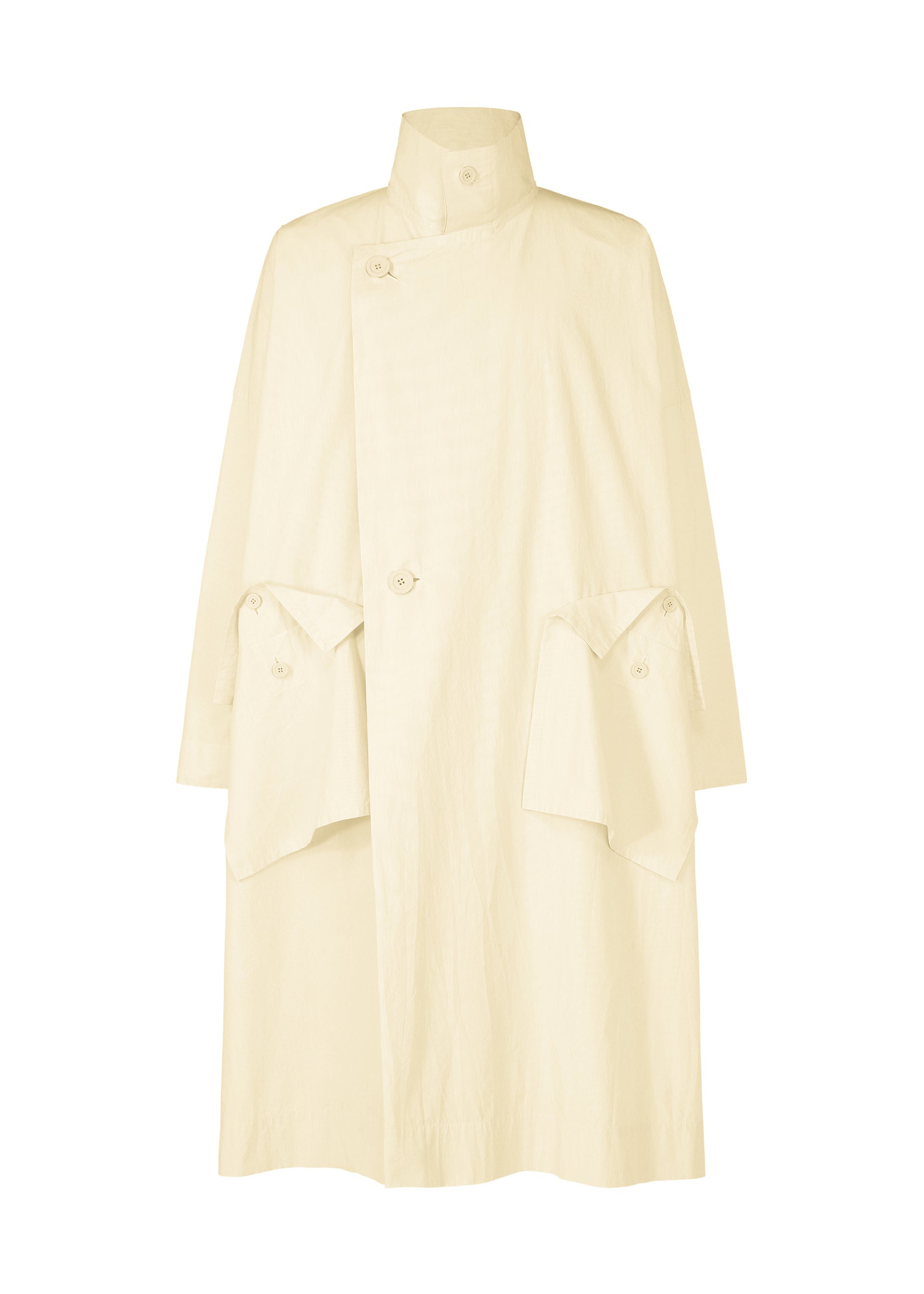 A product shot of the HOMME PLISSÉ ISSEY MIYAKE FRESHEN coat in cream yellow (50).