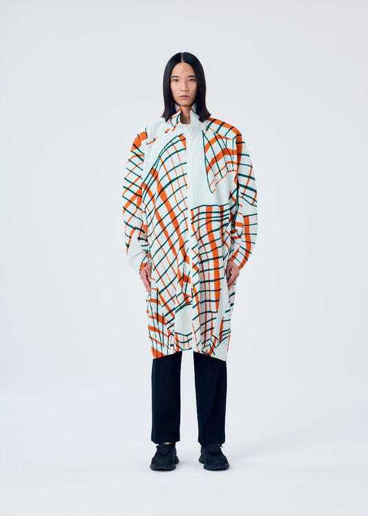 A model wears the HOMME PLISSÉ ISSEY MIYAKE WINDSWEPT PLAID coat.