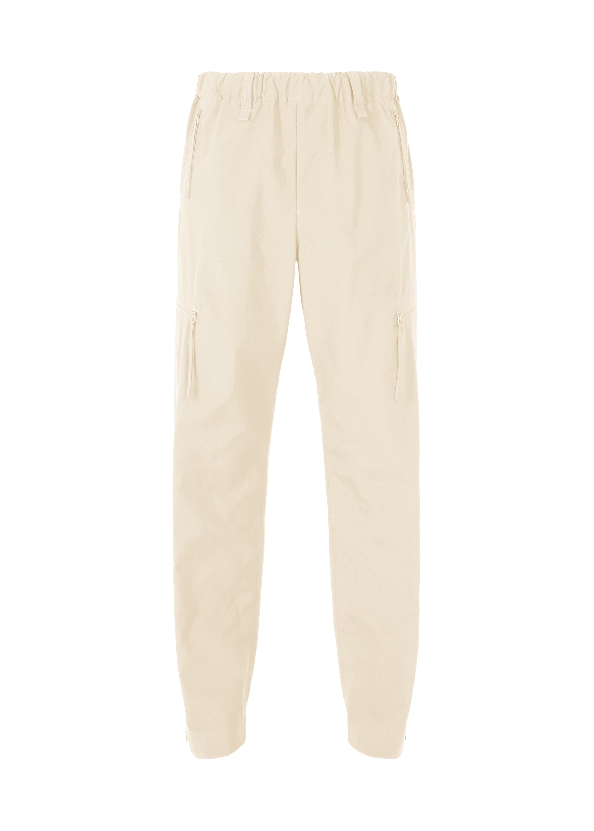 A product shot of the HOMME PLISSÉ ISSEY MIYAKE QUARRY PANTS trousers in white (01).