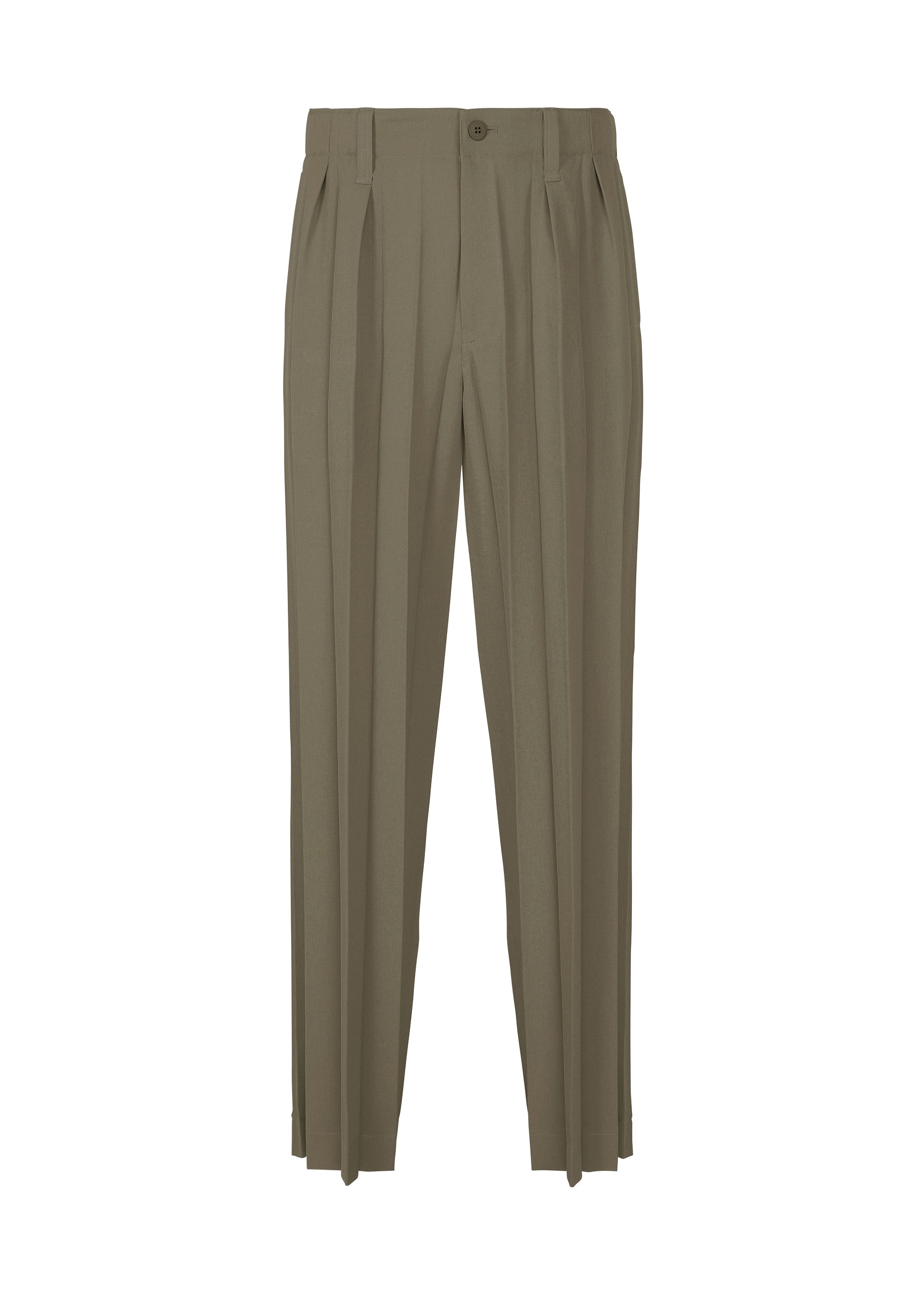 A product shot of the HOMME PLISSÉ ISSEY MIYAKE EDGE ENSEMBLE trousers in khaki (65).