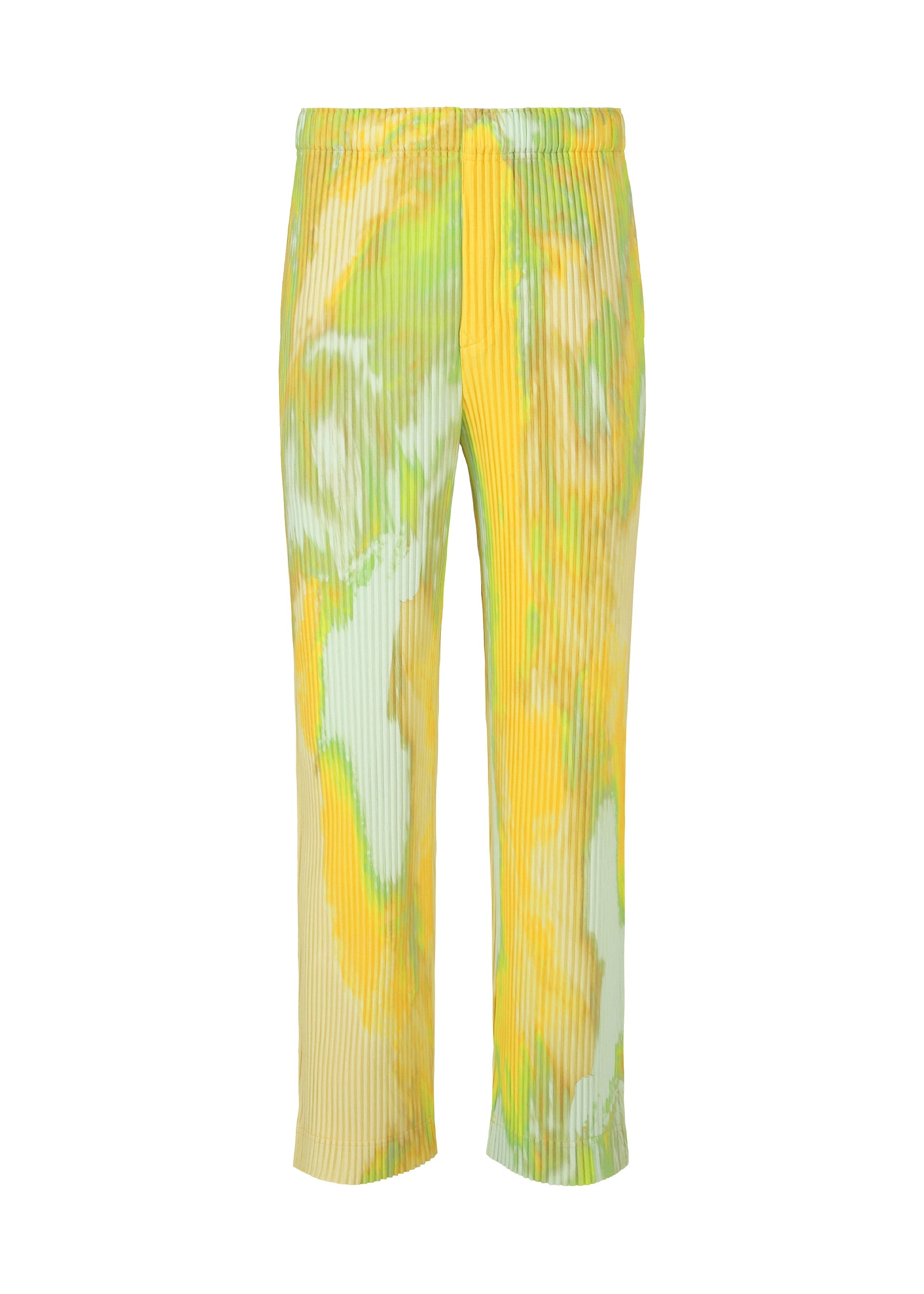 A product shot of the HOMME PLISSÉ ISSEY MIYAKE AGATE trousers in yellow.