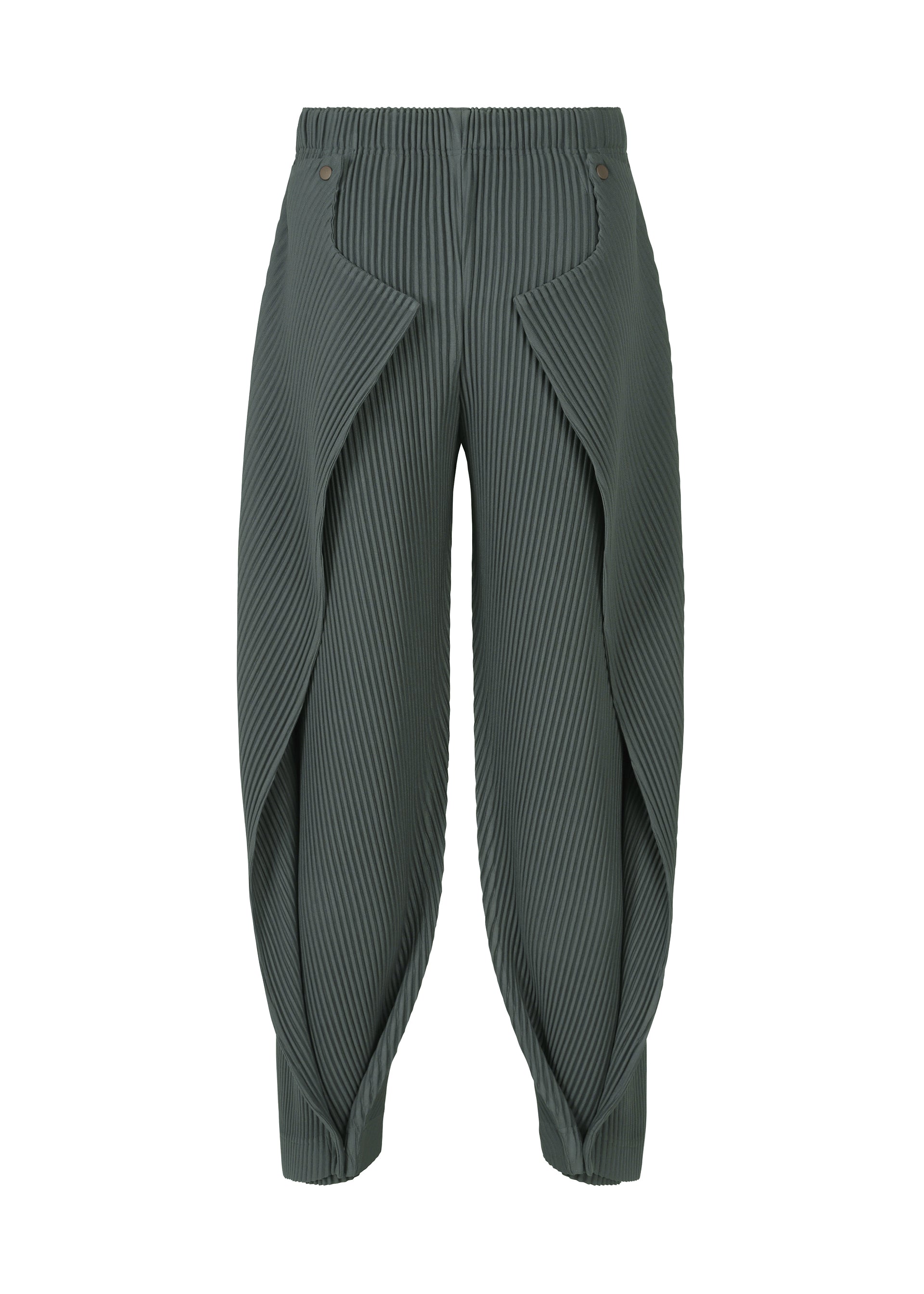 A detail shot of the HOMME PLISSÉ ISSEY MIYAKE ANGULAR STONE trousers.
