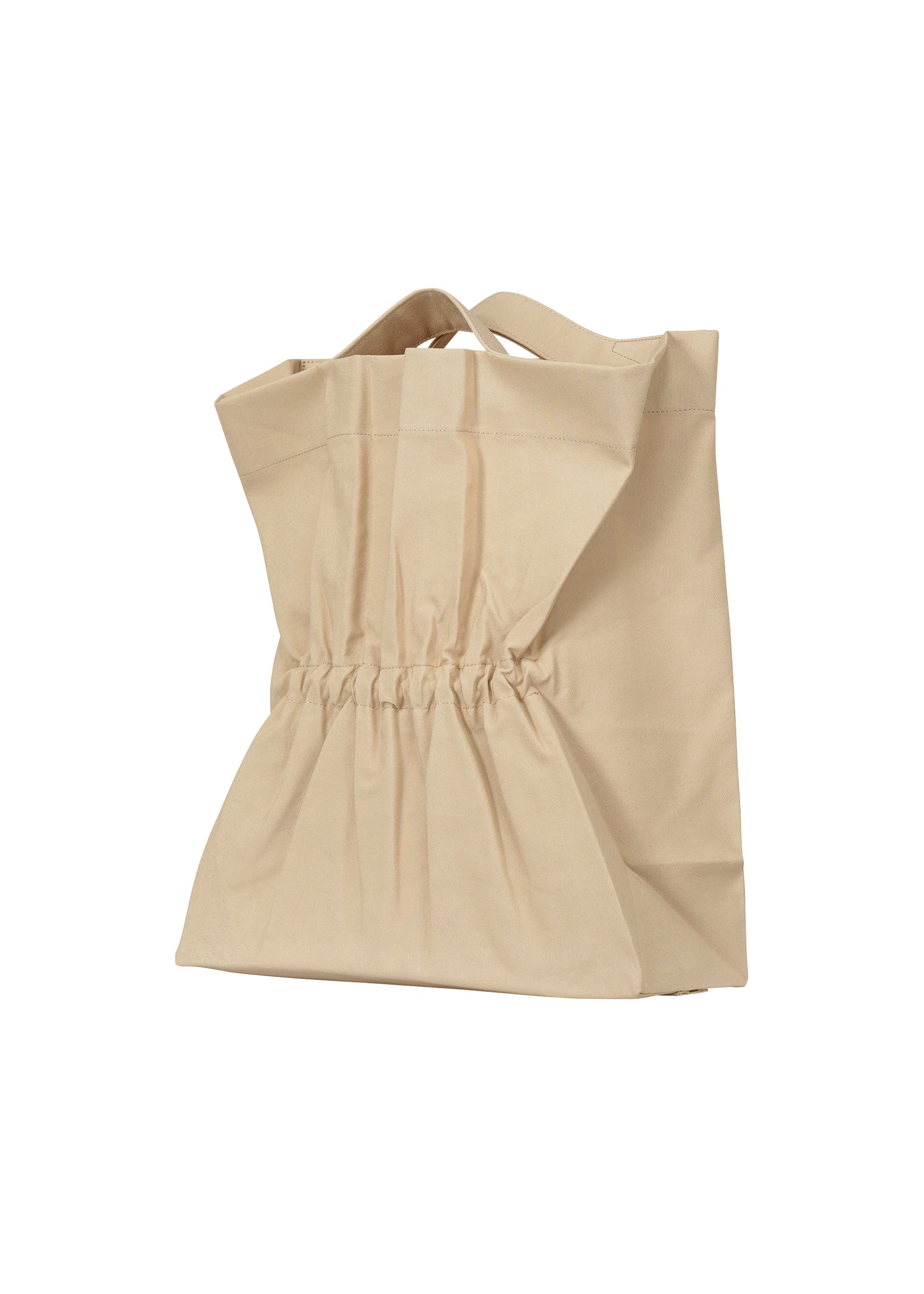 A detail shot of the ISSEY MIYAKE DRAWN AND PRESSED bag.