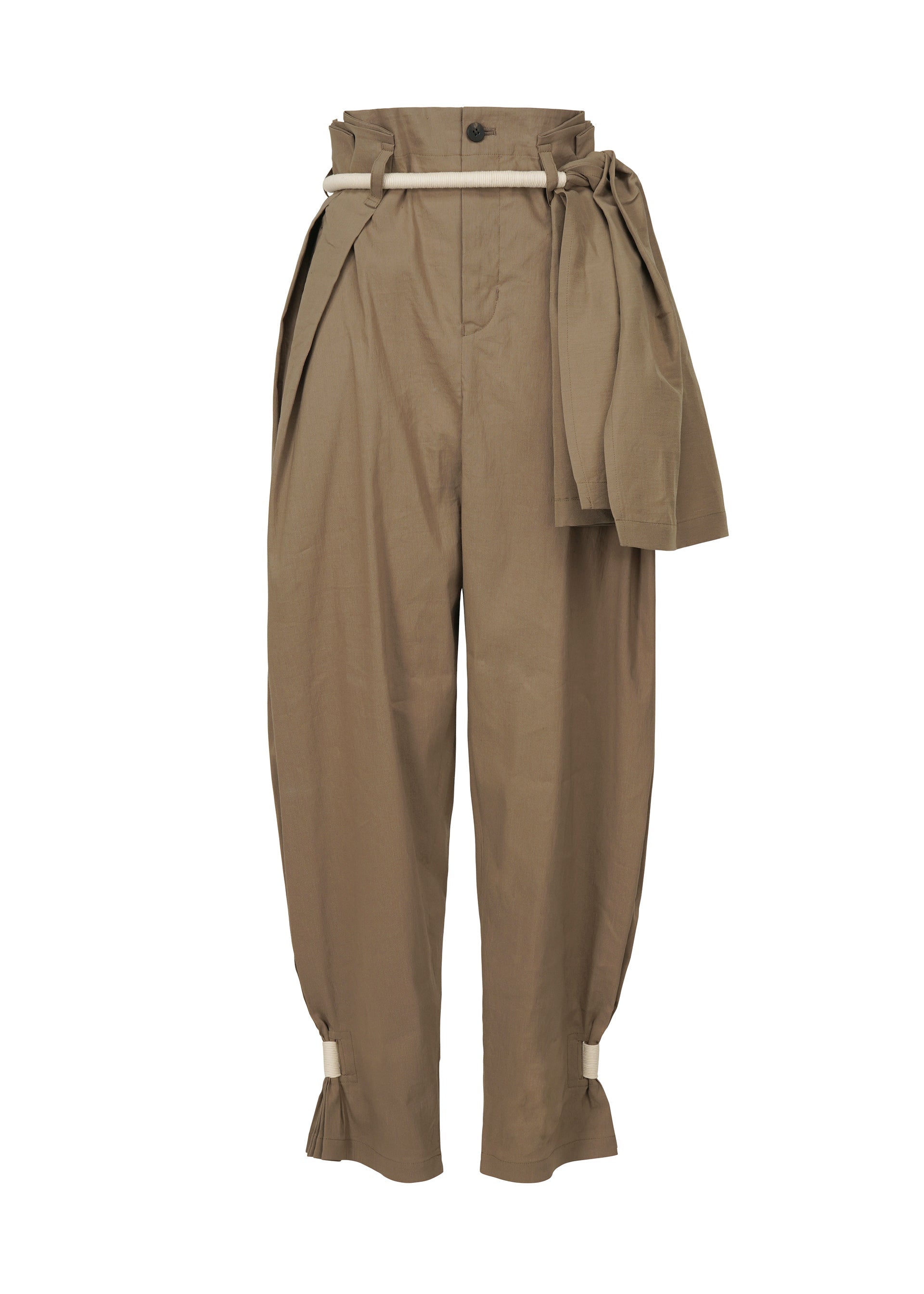 A product shot of the ISSEY MIYAKE CLOTH AND CORD trousers in cedar brown (49).