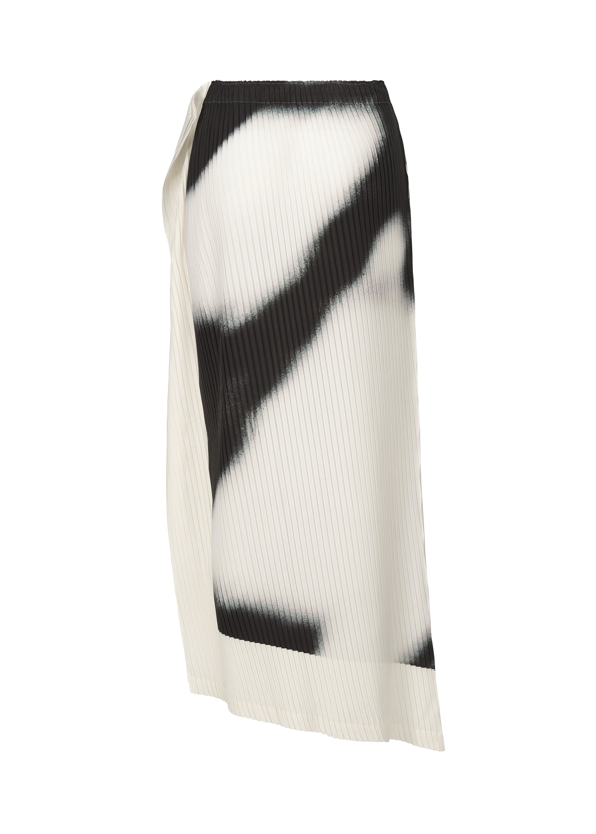 A detail shot of the ISSEY MIYAKE SHADOW STUDY PLEATS skirt.