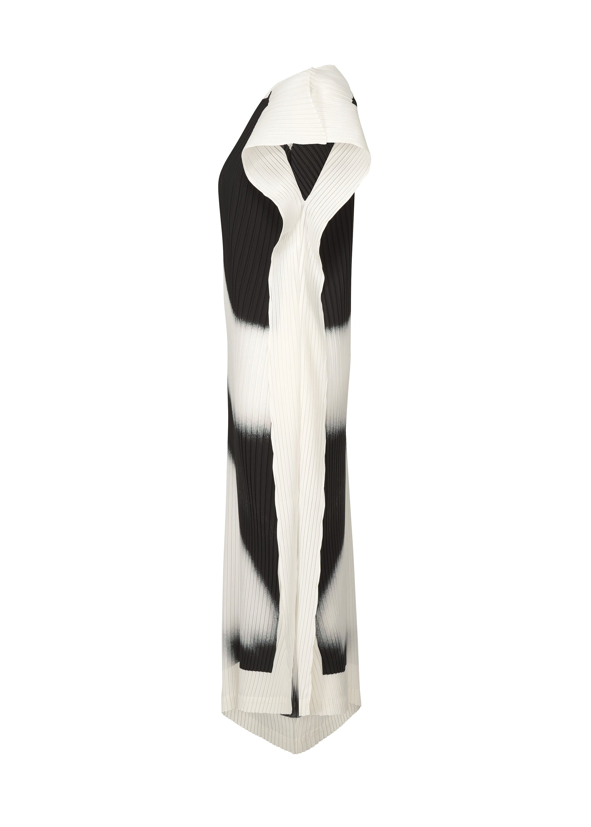 A detail shot of the ISSEY MIYAKE SHADOW STUDY PLEATS dress.
