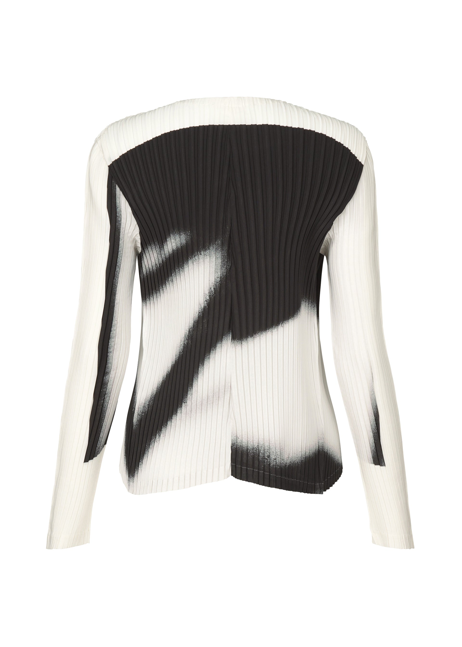 A detail shot of the ISSEY MIYAKE SHADOW STUDY PLEATS cardigan.