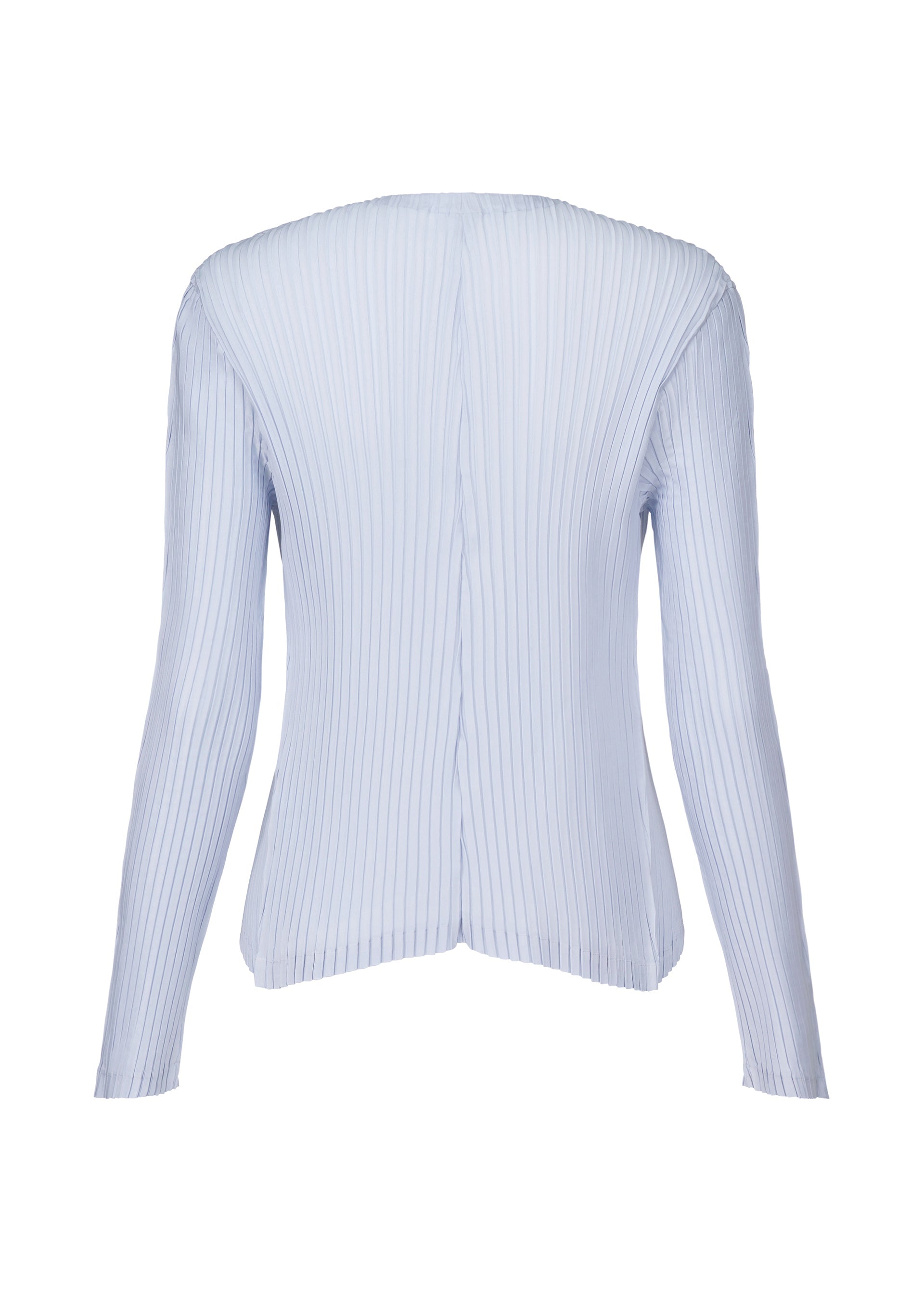 A detail shot of the ISSEY MIYAKE SHADOW STUDY PLEATS SOLID cardigan.