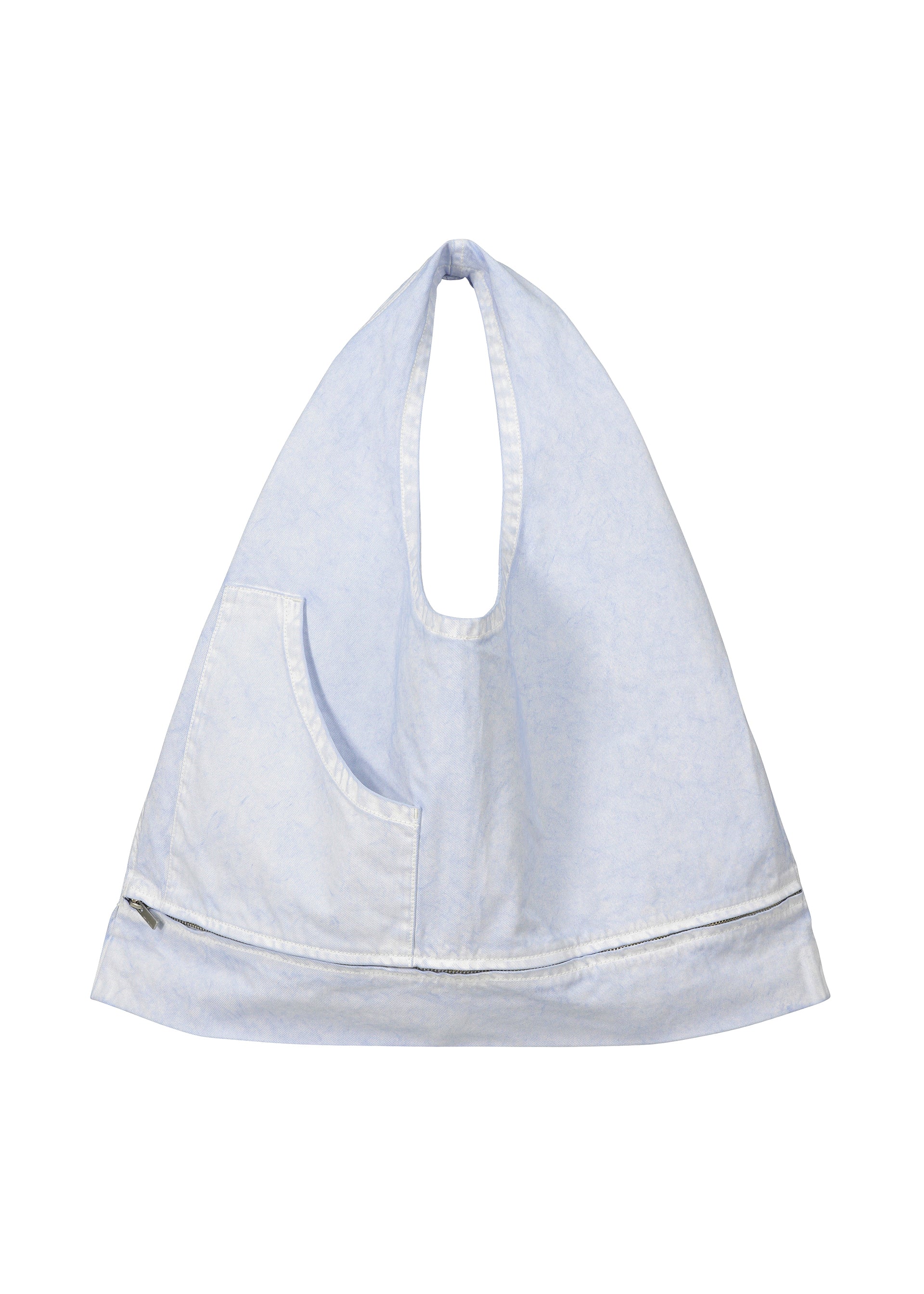 A product shot of the ISSEY MIYAKE SCULPTURAL (BAG) bag in light blue.