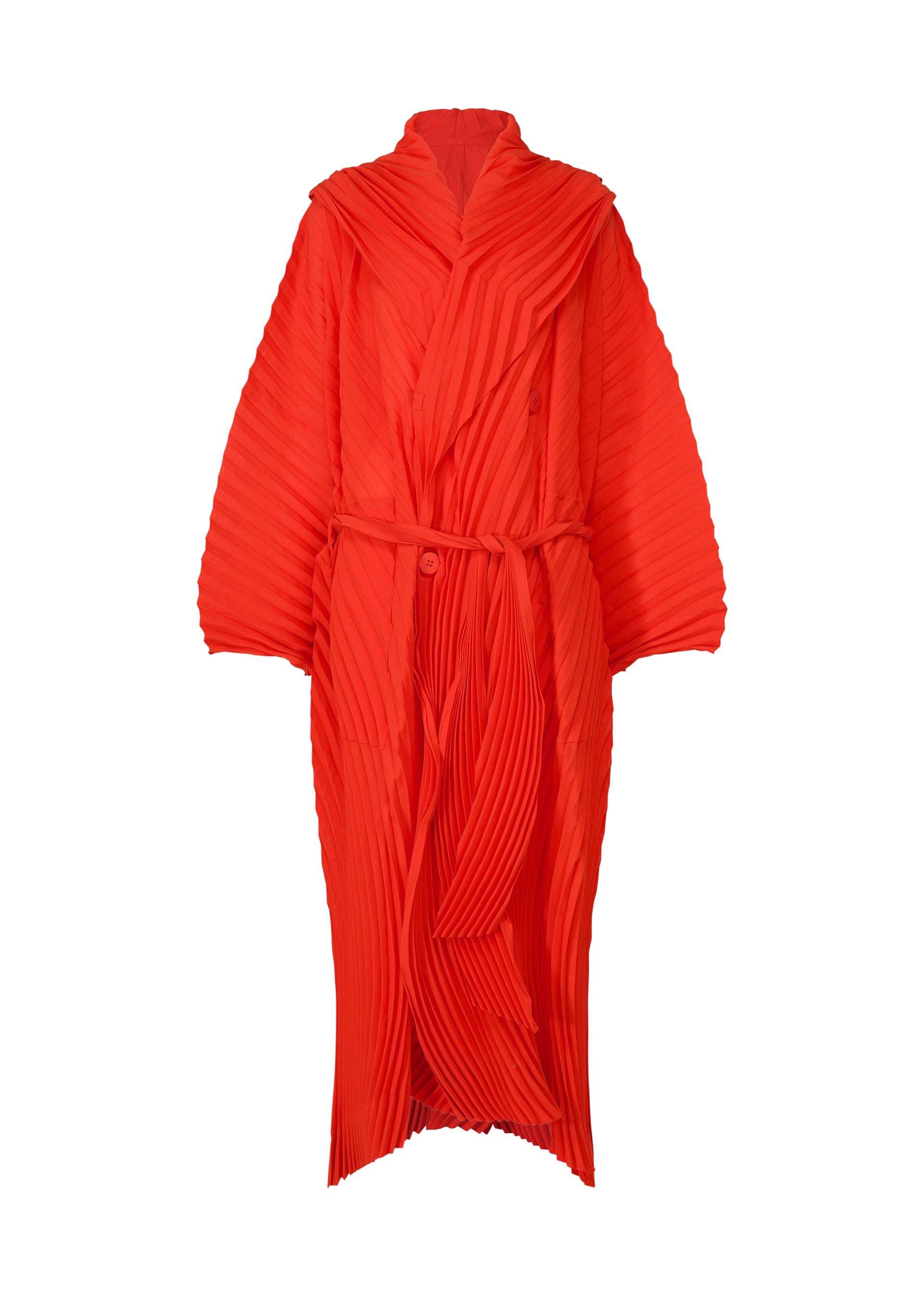 A product shot of the ISSEY MIYAKE WAVE PLEATS coat in red (24).