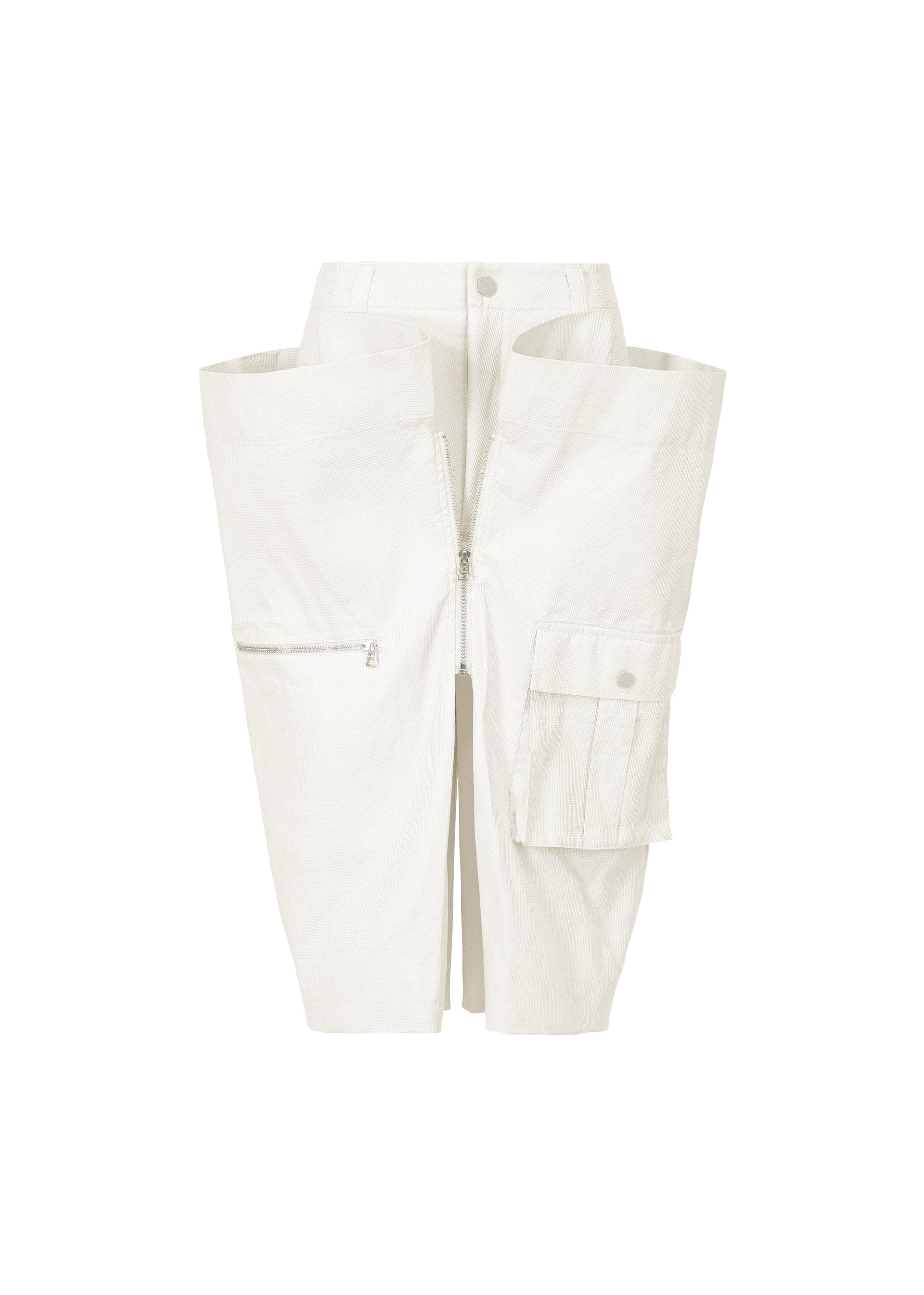 A product shot of the ISSEY MIYAKE PEEKABOO trousers in white (01).