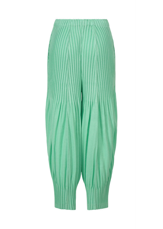 A detail shot of the ISSEY MIYAKE LINEN LIKE PLEATS trousers.