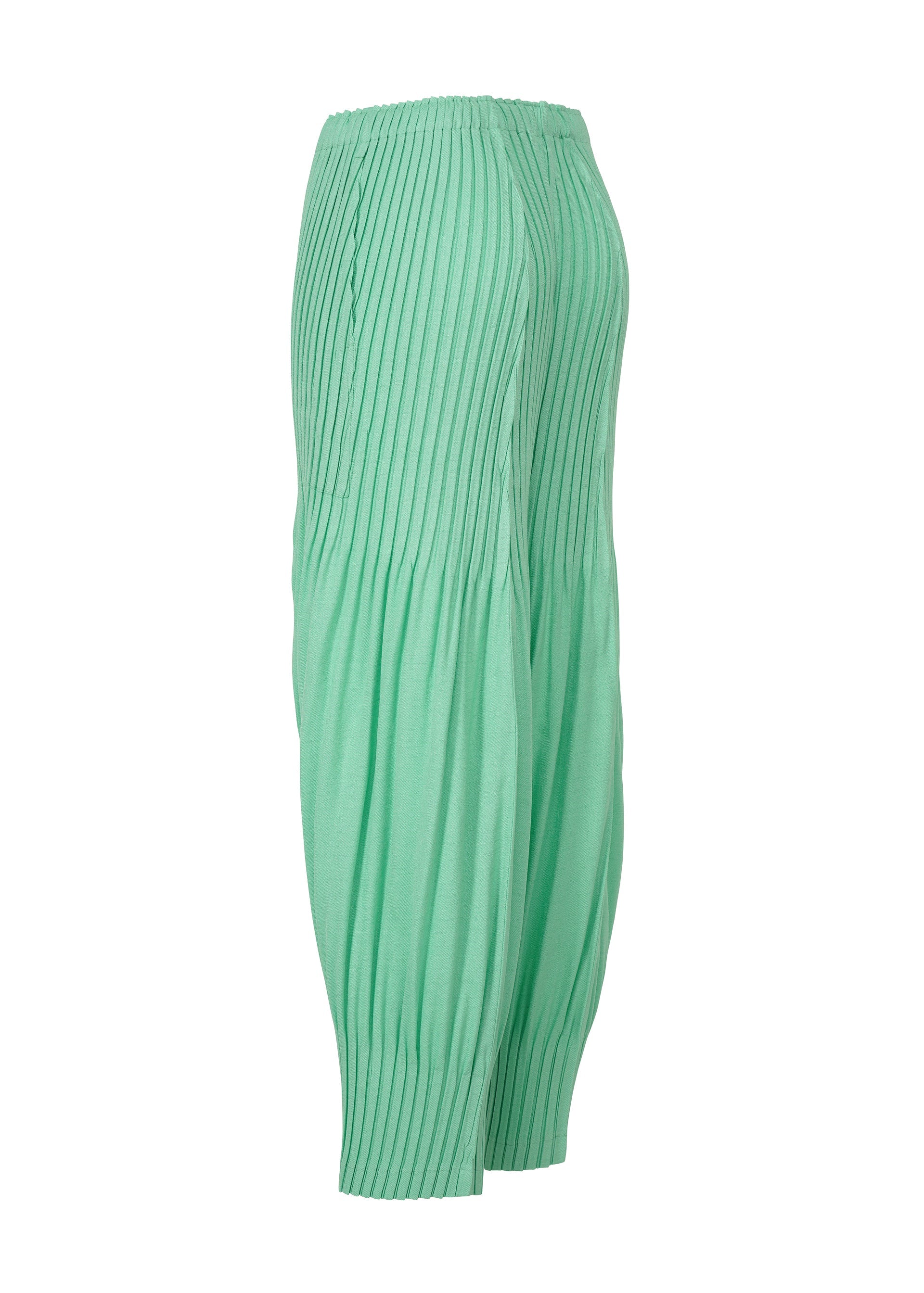 A detail shot of the ISSEY MIYAKE LINEN LIKE PLEATS trousers.