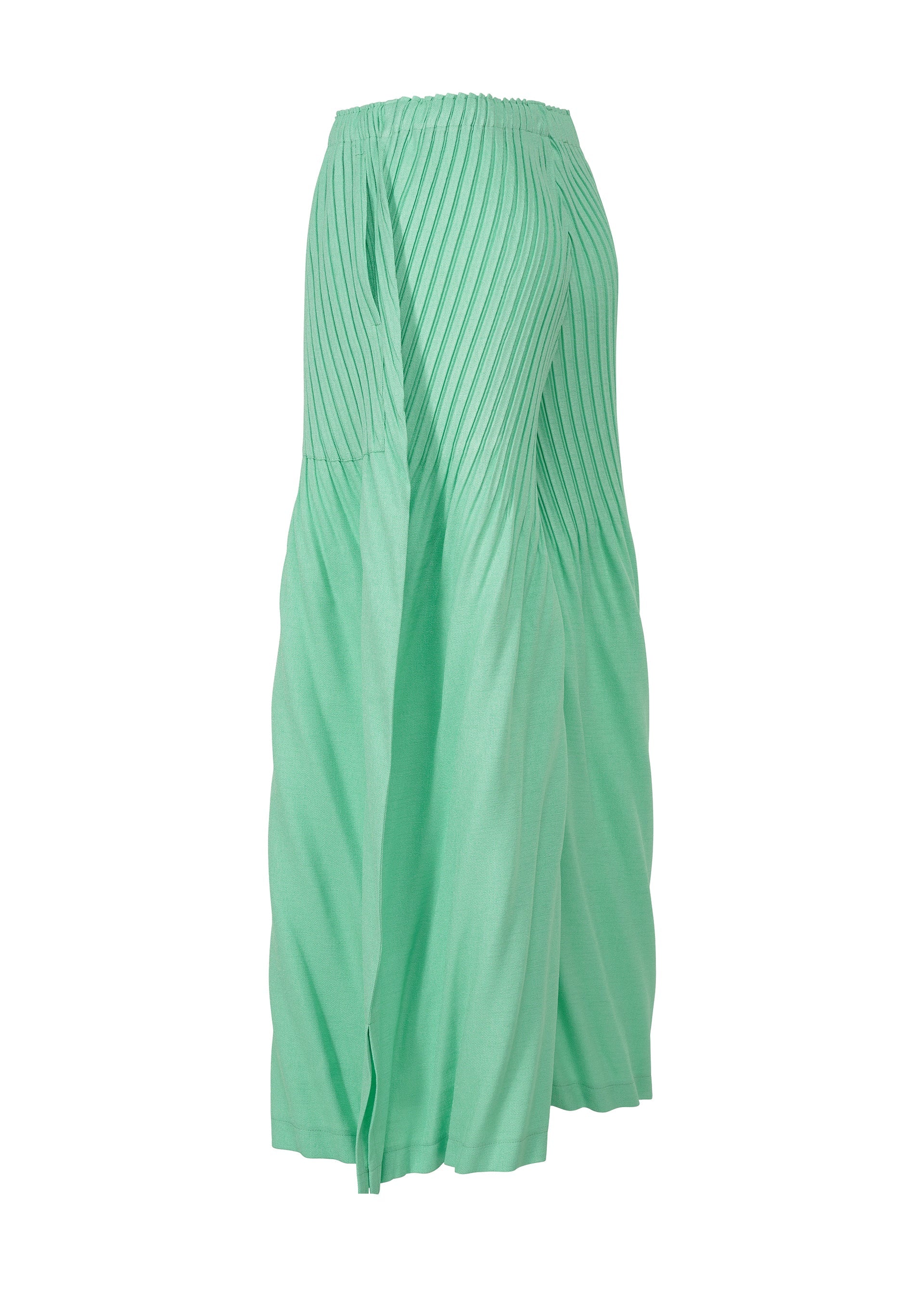 A detail shot of the ISSEY MIYAKE LINEN LIKE PLEATS trousers.