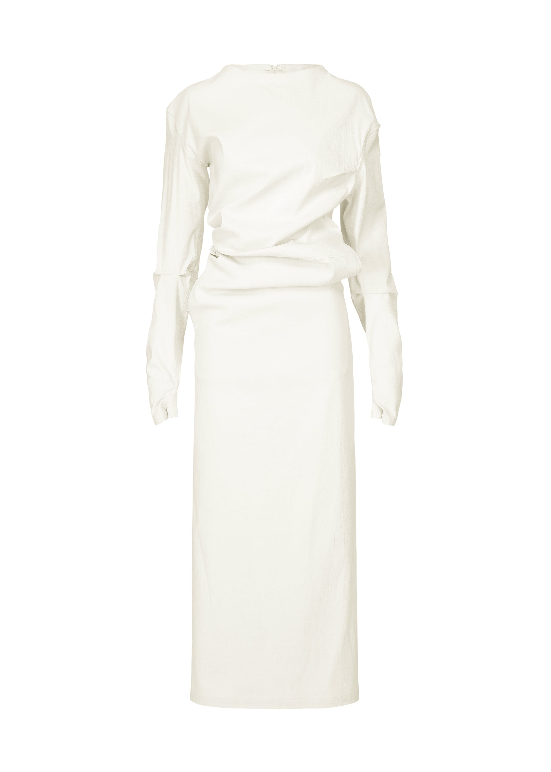 A product shot of the ISSEY MIYAKE LIKE TORSO LIKE SHIRT dress in white.