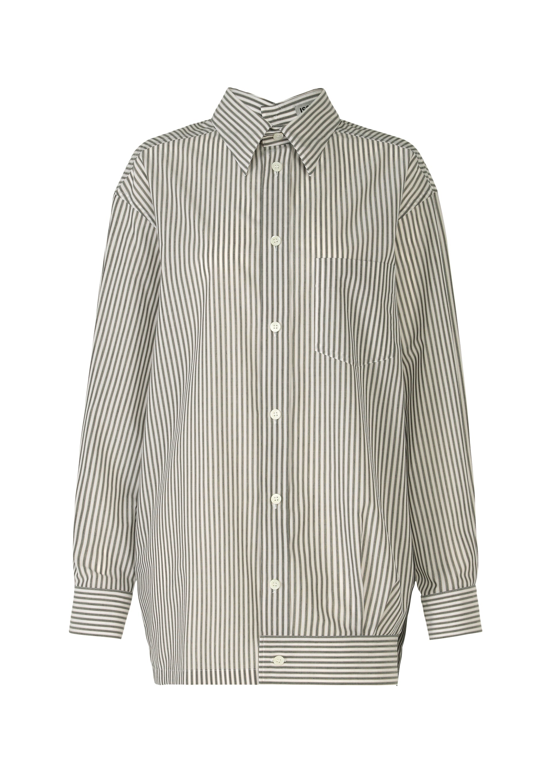 A product shot of the ISSEY MIYAKE ODD SHIRT (STRIPES) shirt in khaki-hued (67).