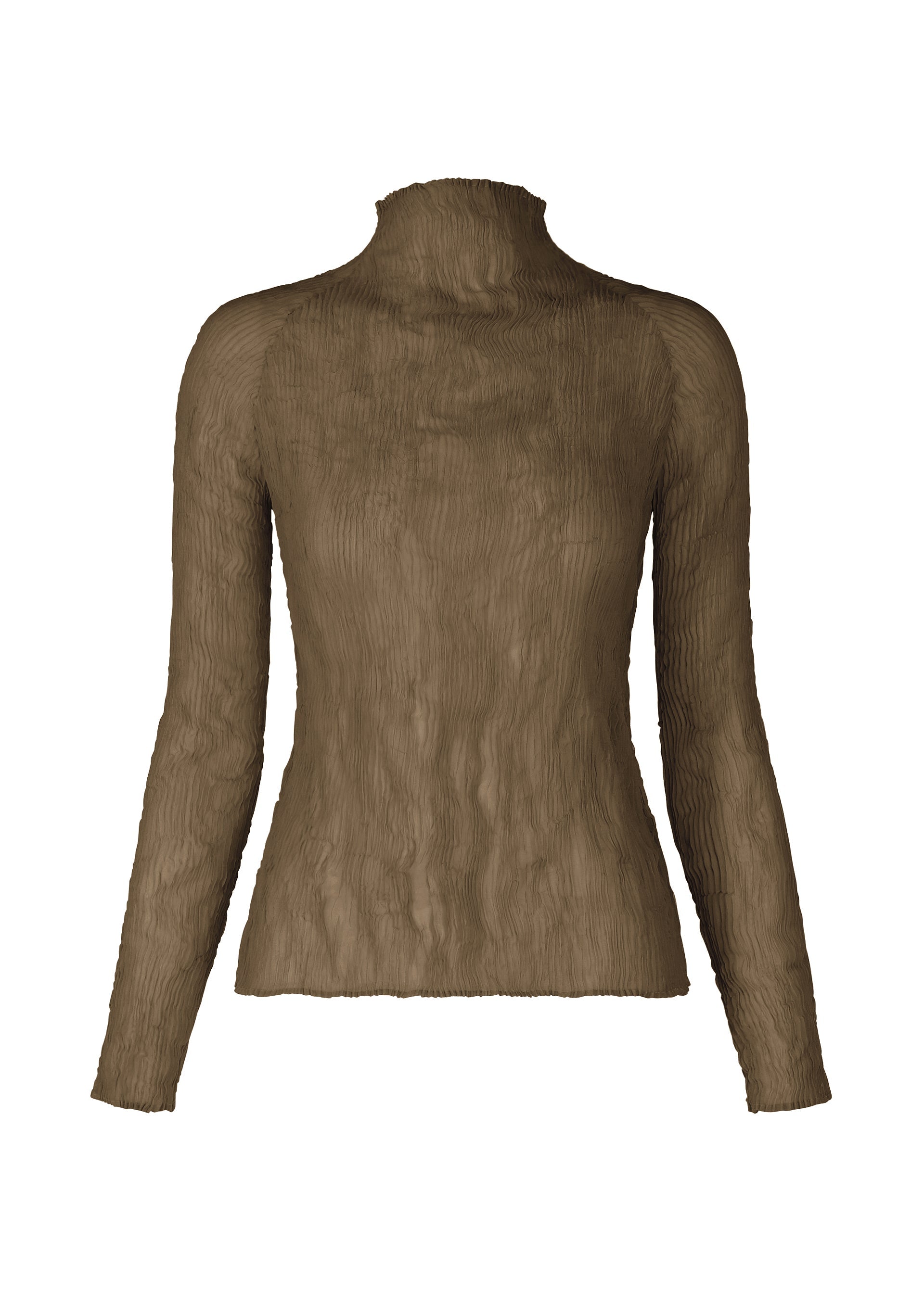 A product shot of the ISSEY MIYAKE CHIFFON TWIST 1 top in dark brown.