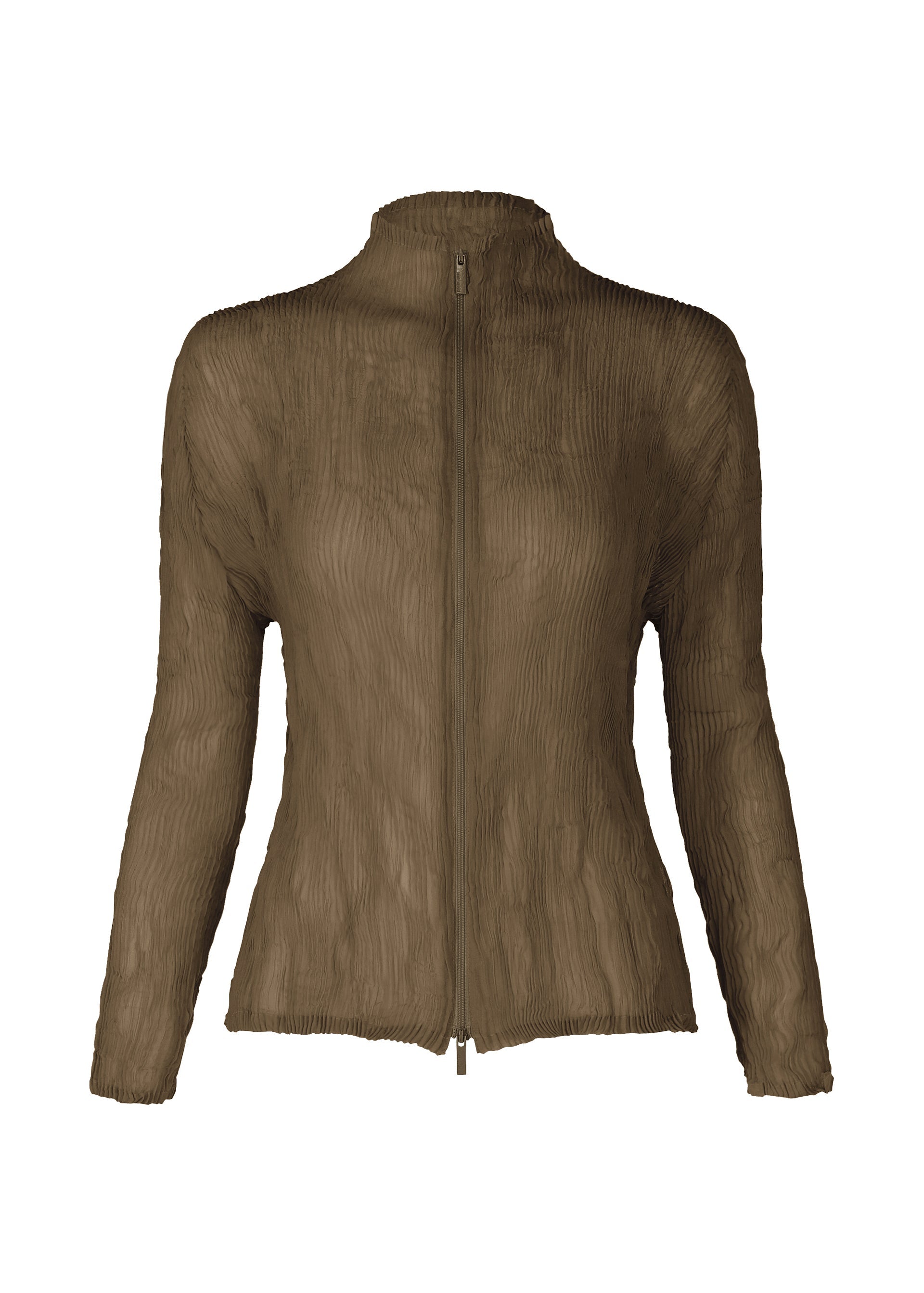 A product shot of the ISSEY MIYAKE CHIFFON TWIST 1 top in dark brown.