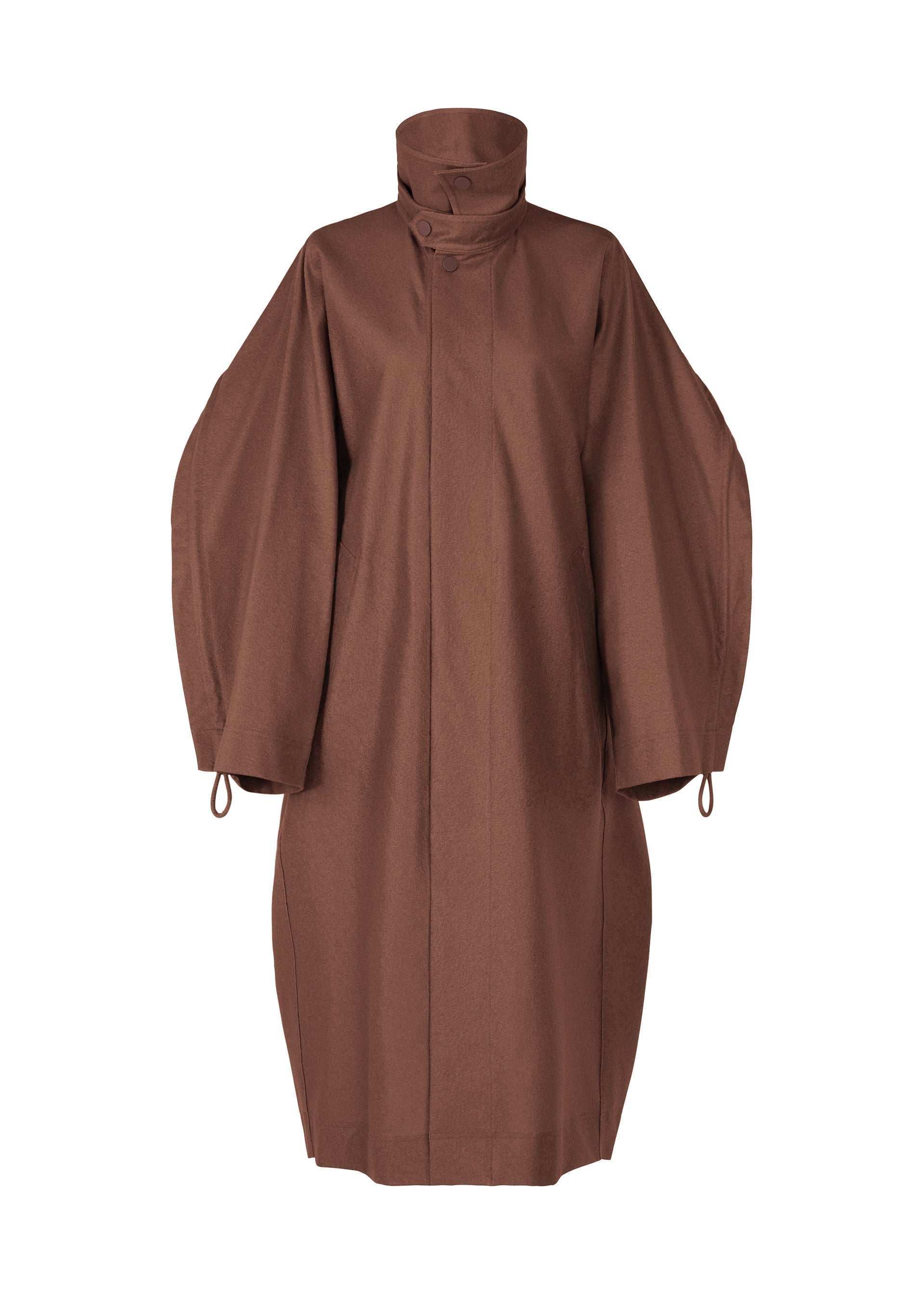 A product shot of the ISSEY MIYAKE HANG OR CARRY coat in dark brown (45).