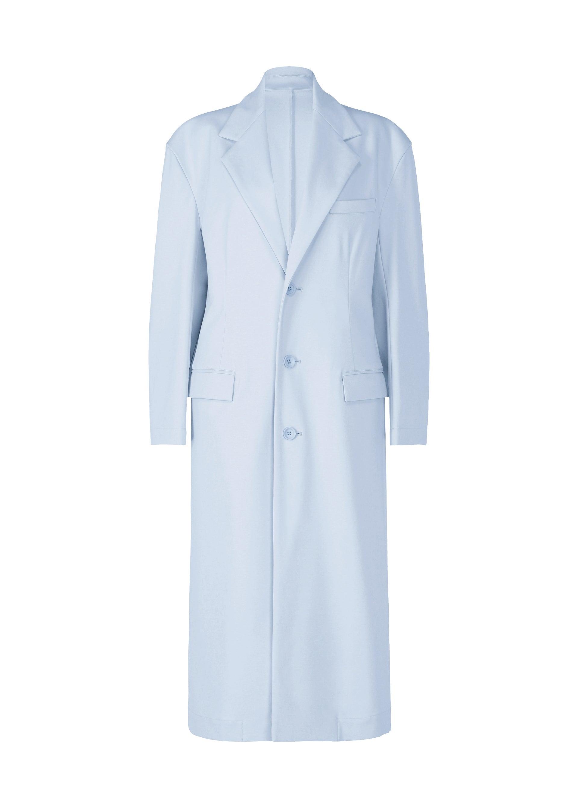 A product shot of the ISSEY MIYAKE SIMPLE ENSEMBLE jacket in light blue.