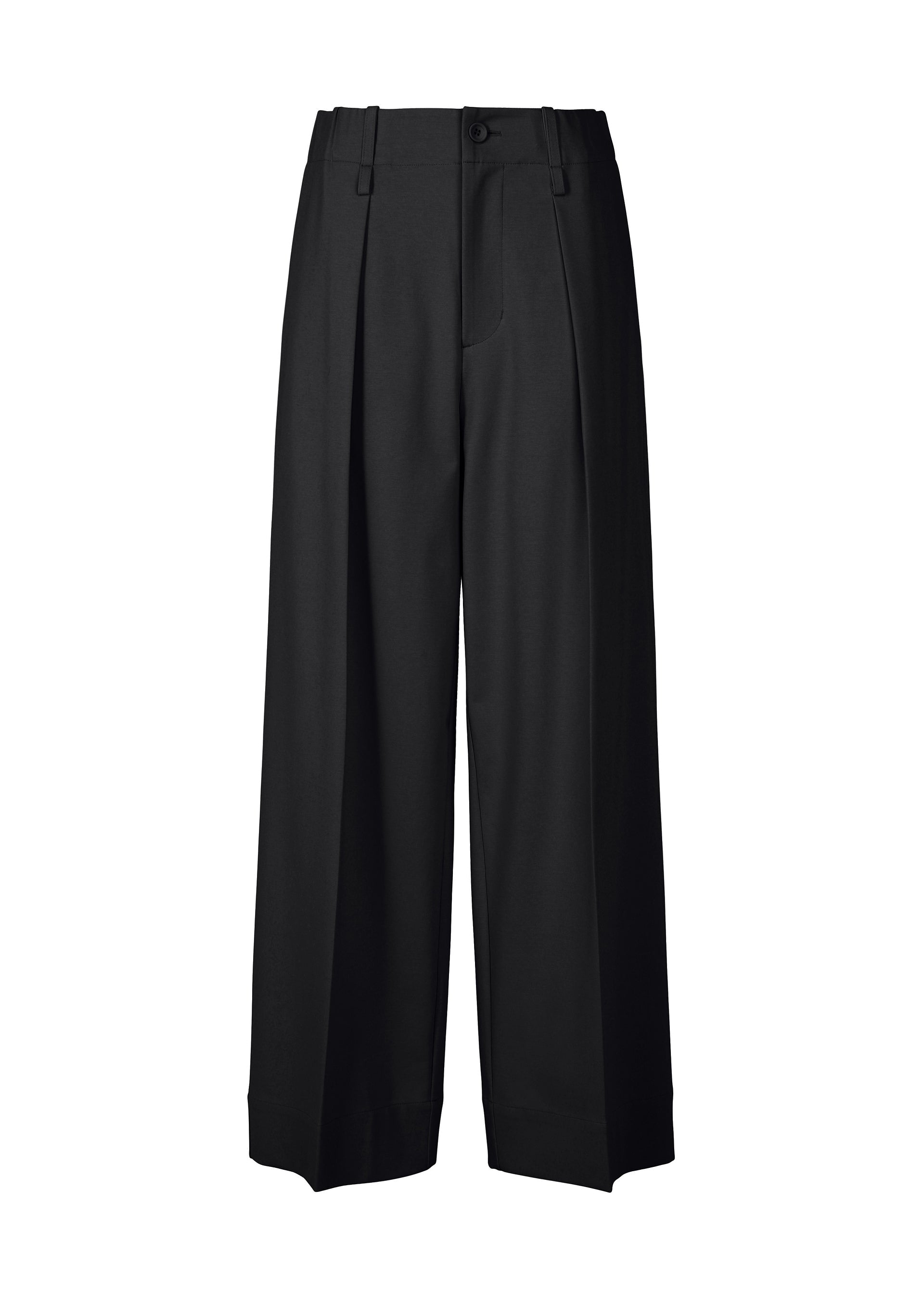 A product shot of the ISSEY MIYAKE SIMPLE ENSEMBLE trousers in black.