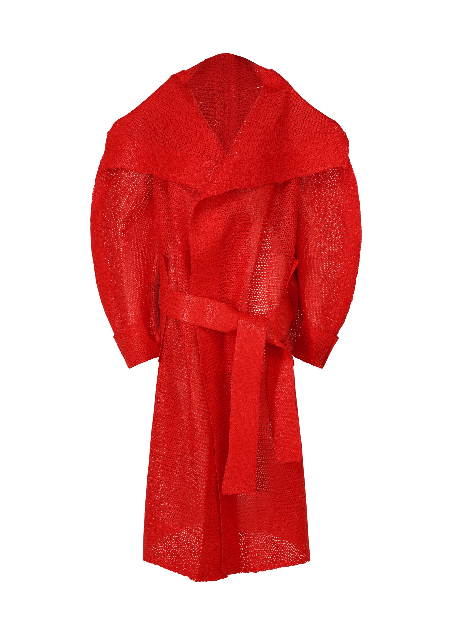 A product shot of the ISSEY MIYAKE PANINI coat in red (24).