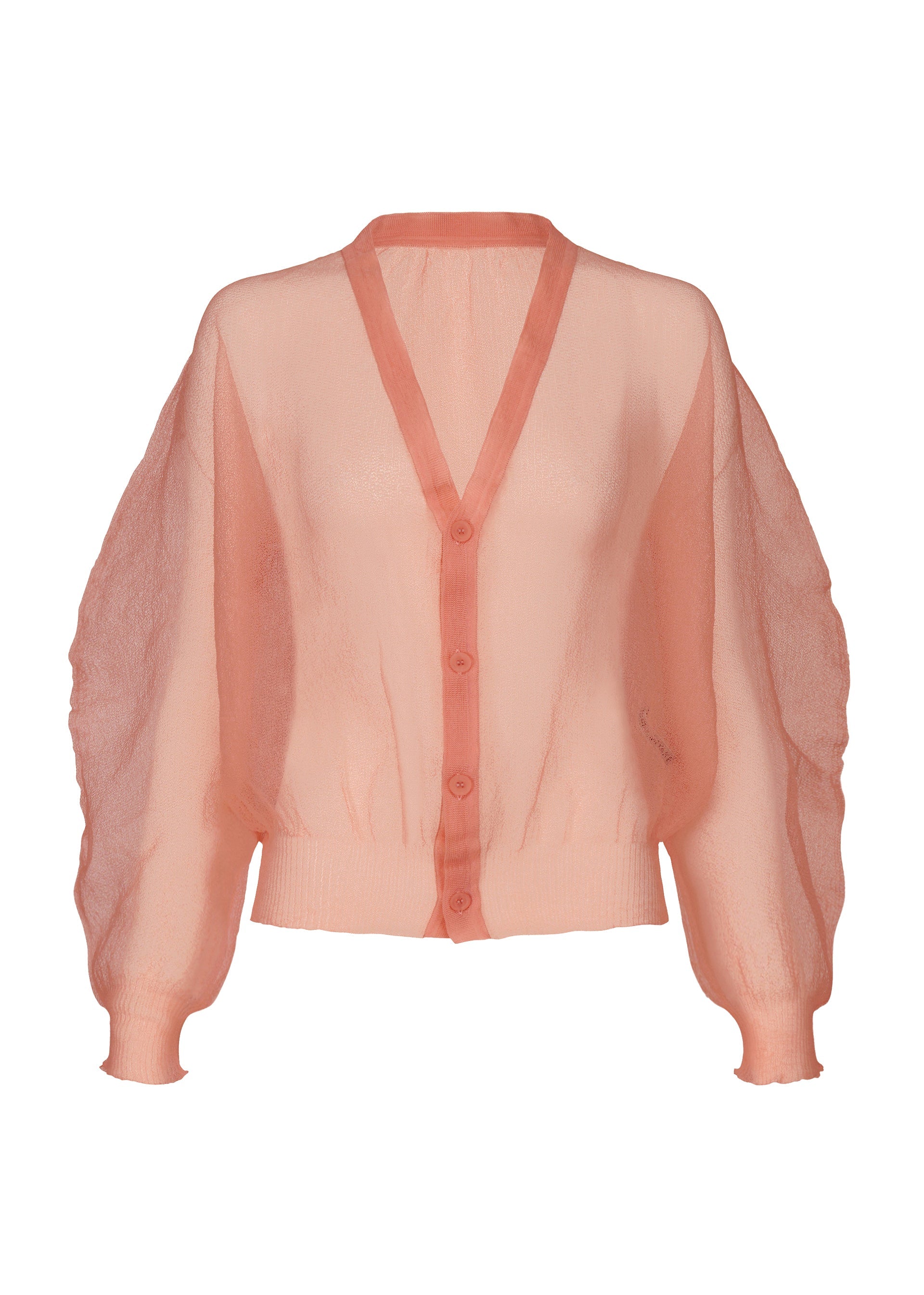 A product shot of the ISSEY MIYAKE ENCASE cardigan in coral.