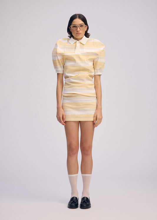 A model wears the ISSEY MIYAKE GENERIC WEAR STRIPES shirt.
