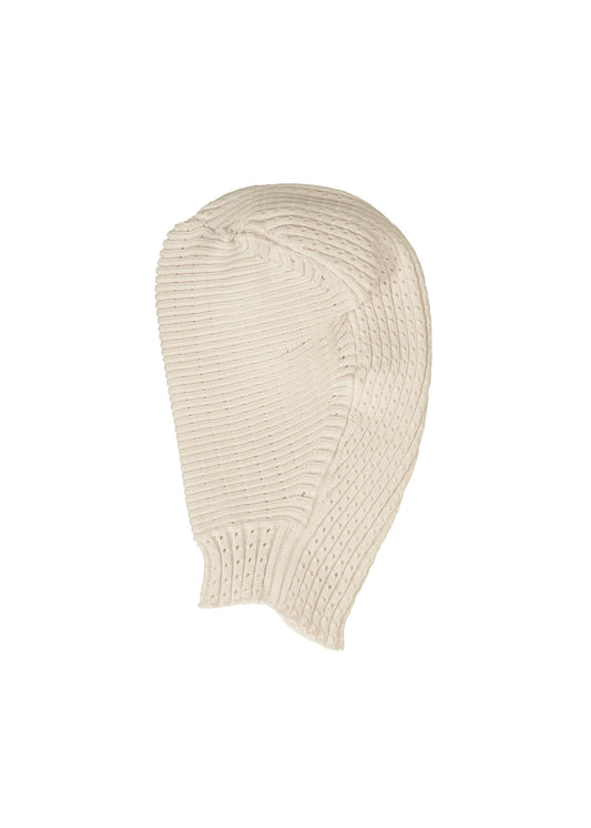 A product shot of the ISSEY MIYAKE FOUND STONE BEANIE cap in off-white.