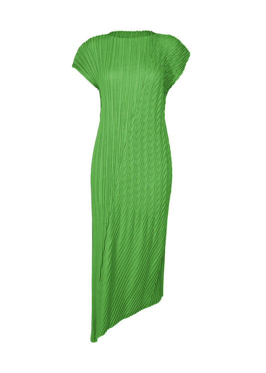 A product shot of the ISSEY MIYAKE UNFURLING PLEATS dress in green.