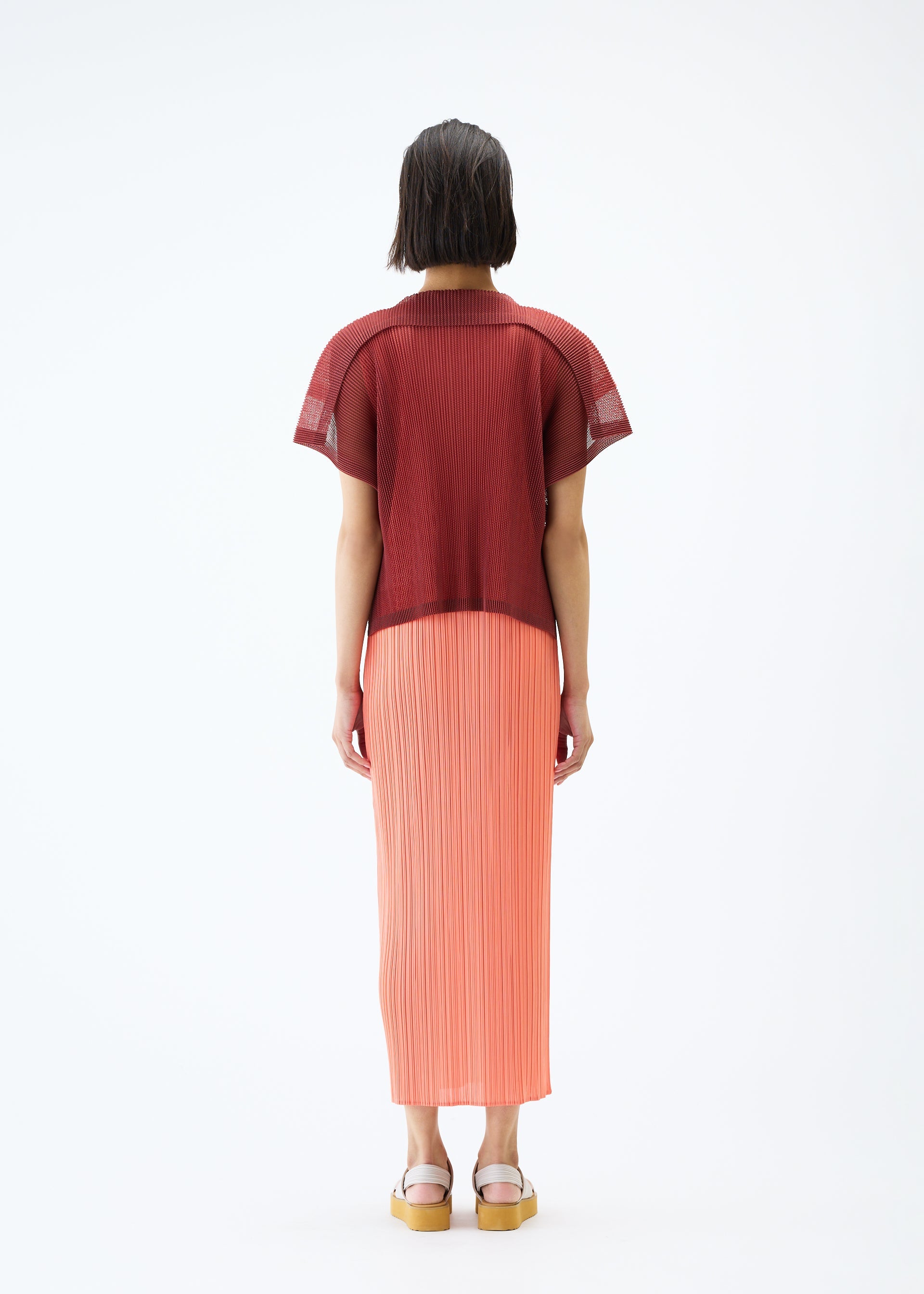 A model wears the PLEATS PLEASE ISSEY MIYAKE SHEER SQUARE top.