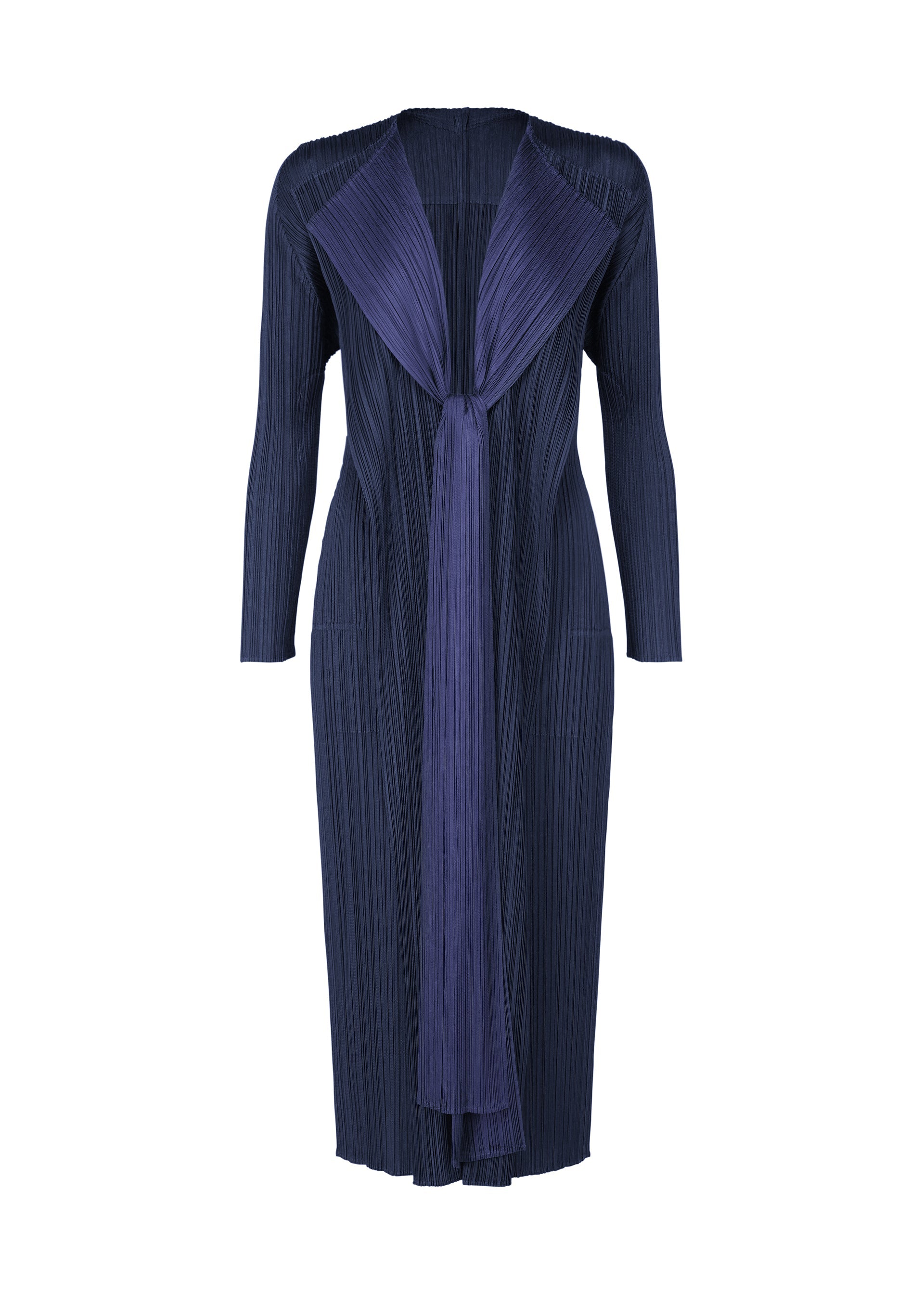 A product shot of the PLEATS PLEASE ISSEY MIYAKE MERRY BICOLOR coat in navy (75).