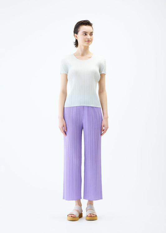 A model wears the PLEATS PLEASE ISSEY MIYAKE MONTHLY COLORS APRIL trousers.