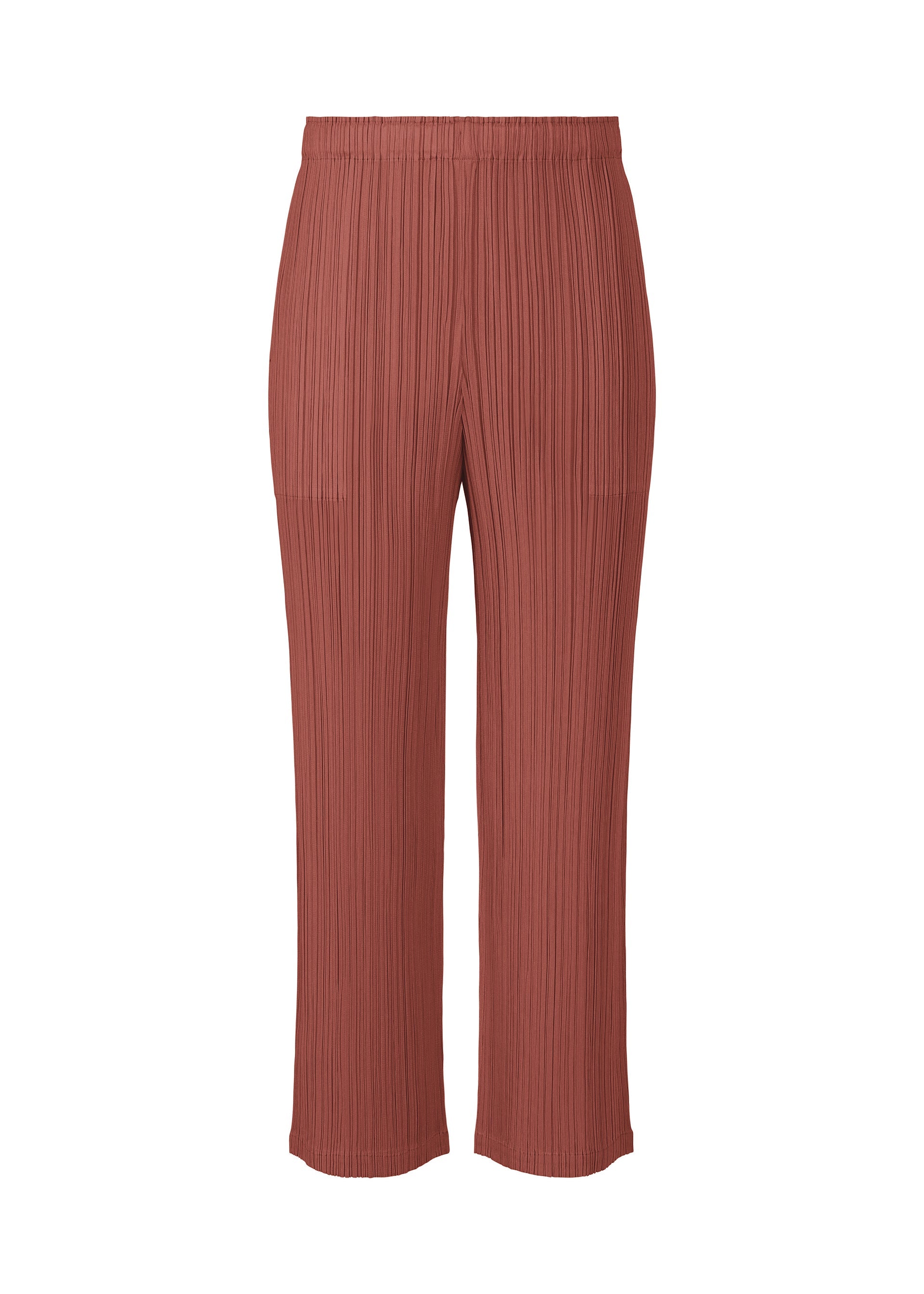 A product shot of the PLEATS PLEASE ISSEY MIYAKE MONTHLY COLORS MAY trousers in terracotta (40).