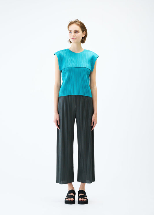 A model wears the PLEATS PLEASE ISSEY MIYAKE MONTHLY COLORS : JUNE trousers.