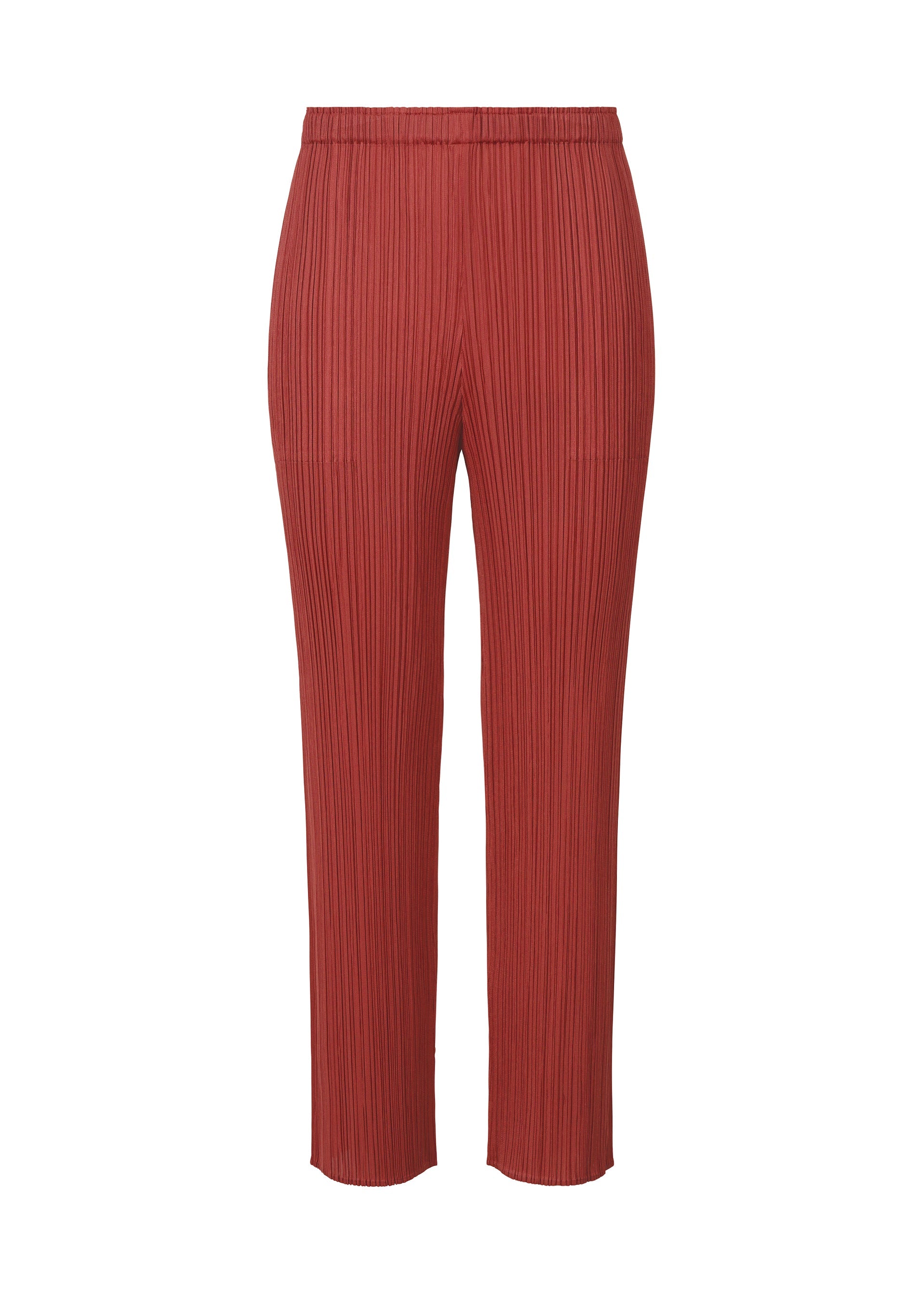A product shot of the PLEATS PLEASE ISSEY MIYAKE LAMP SHADE trousers in dark red (27).