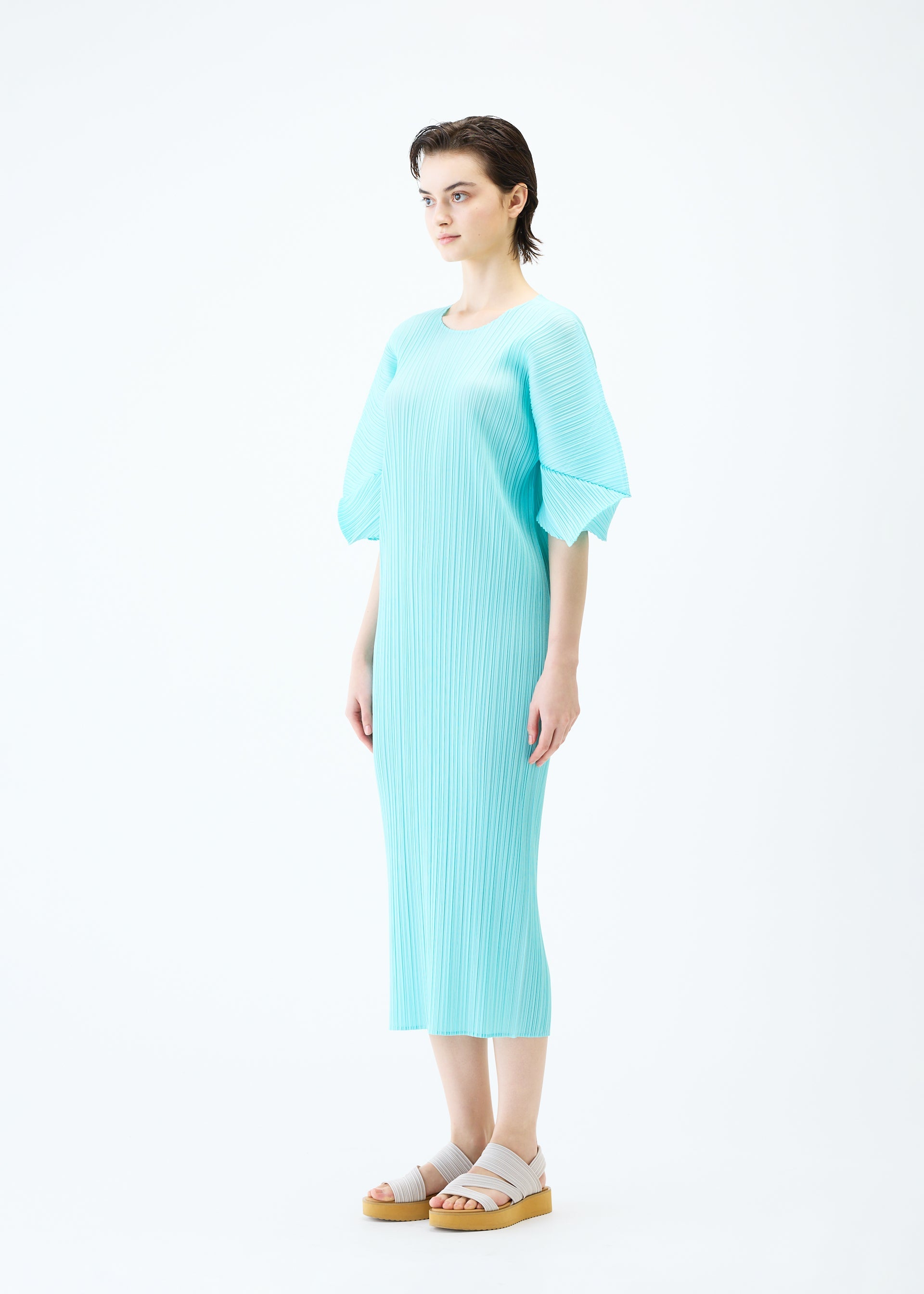 A model wears the PLEATS PLEASE ISSEY MIYAKE MONTHLY COLORS APRIL dress.