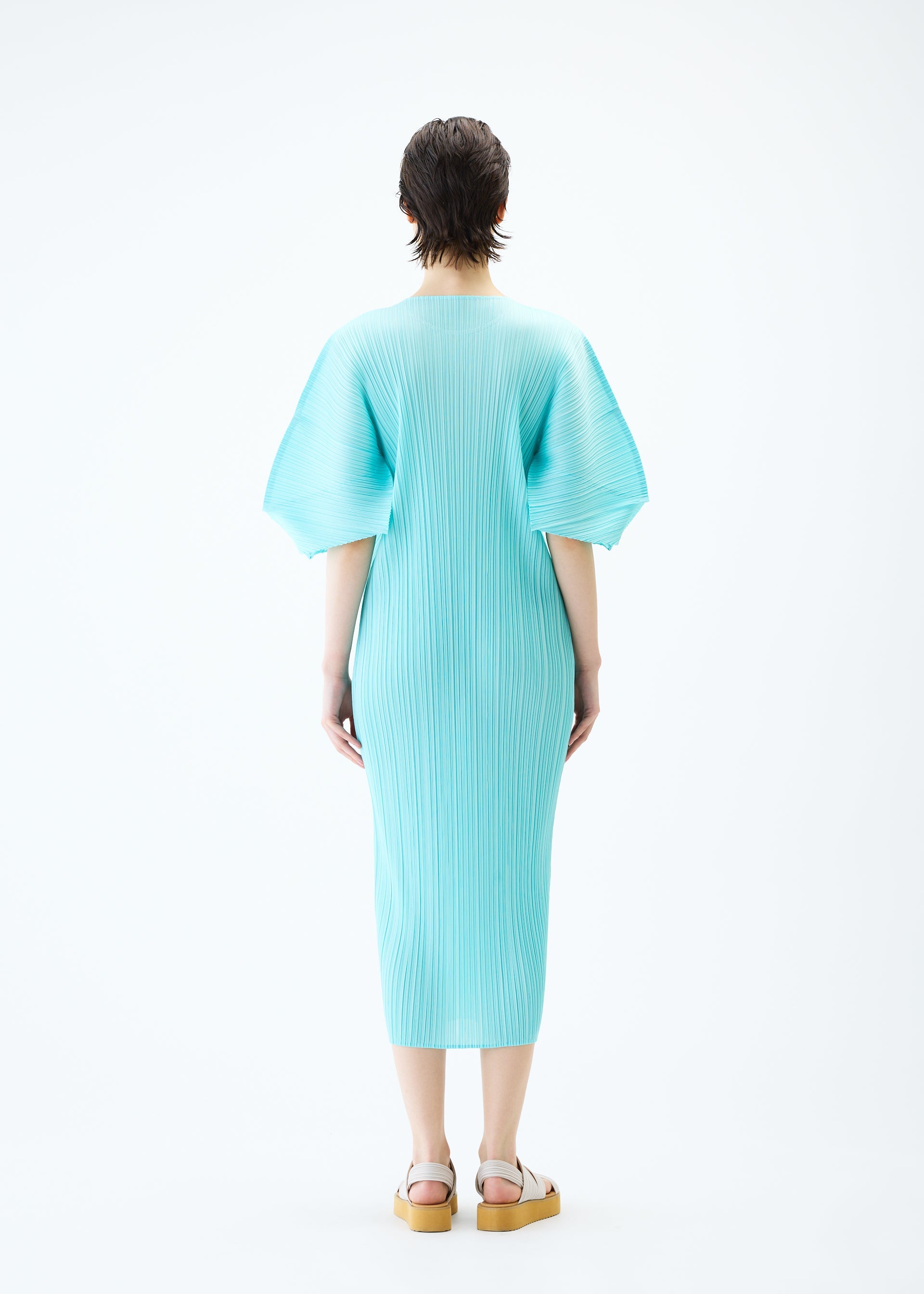 A model wears the PLEATS PLEASE ISSEY MIYAKE MONTHLY COLORS APRIL dress.