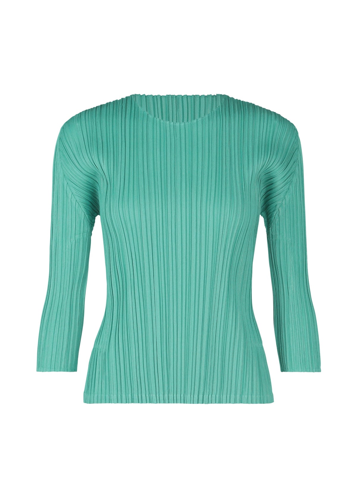 A product shot of the PLEATS PLEASE ISSEY MIYAKE MELLOW PLEATS top in turquoise green (61).
