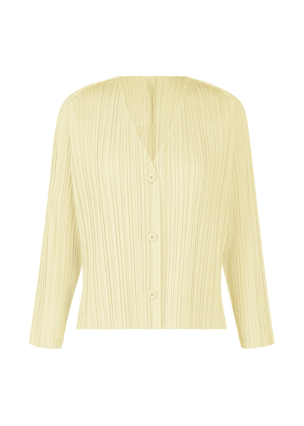 A product shot of the PLEATS PLEASE ISSEY MIYAKE RAMIE PLEATS cardigan in cream (04).