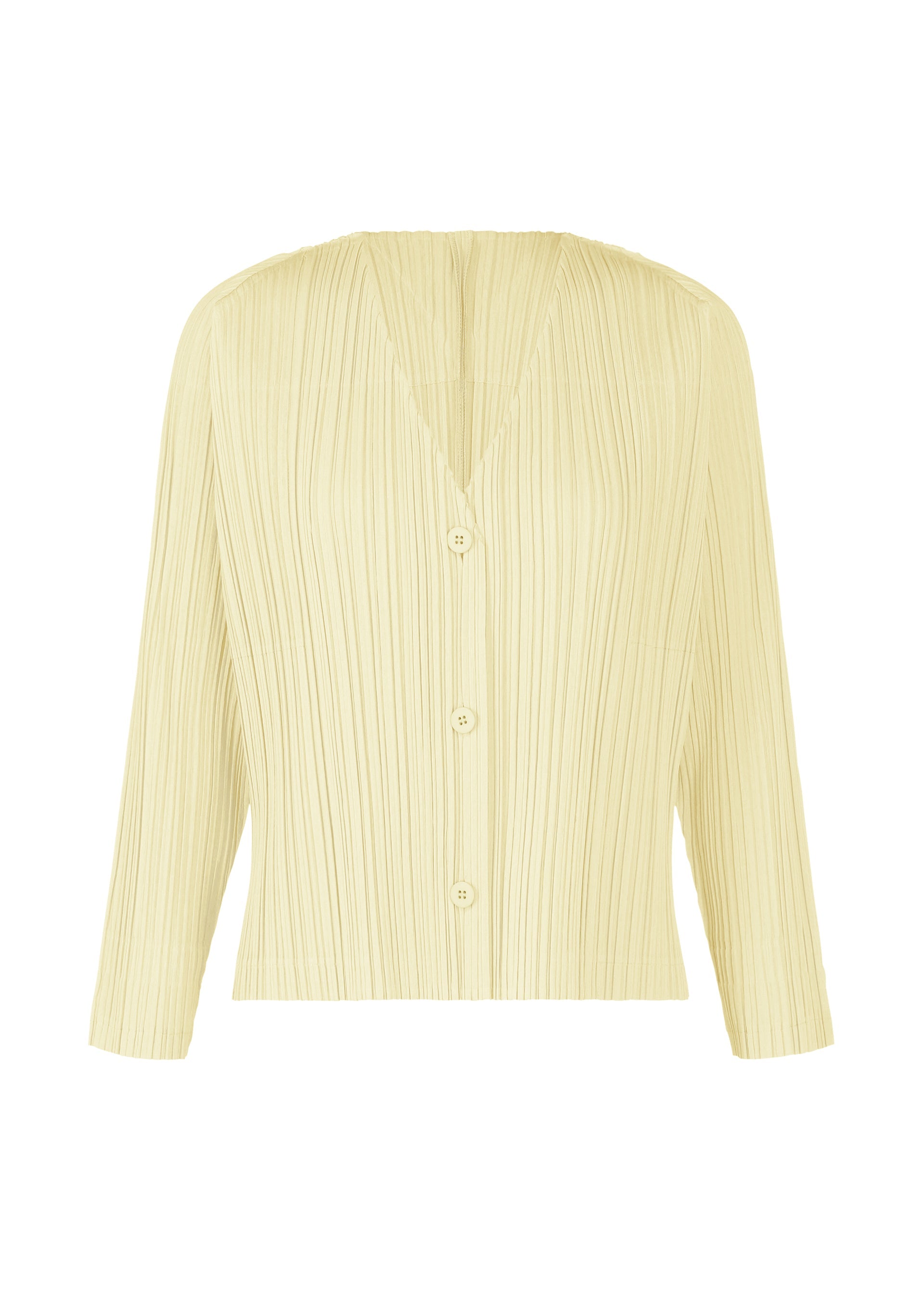 A product shot of the PLEATS PLEASE ISSEY MIYAKE RAMIE PLEATS cardigan in cream (04).