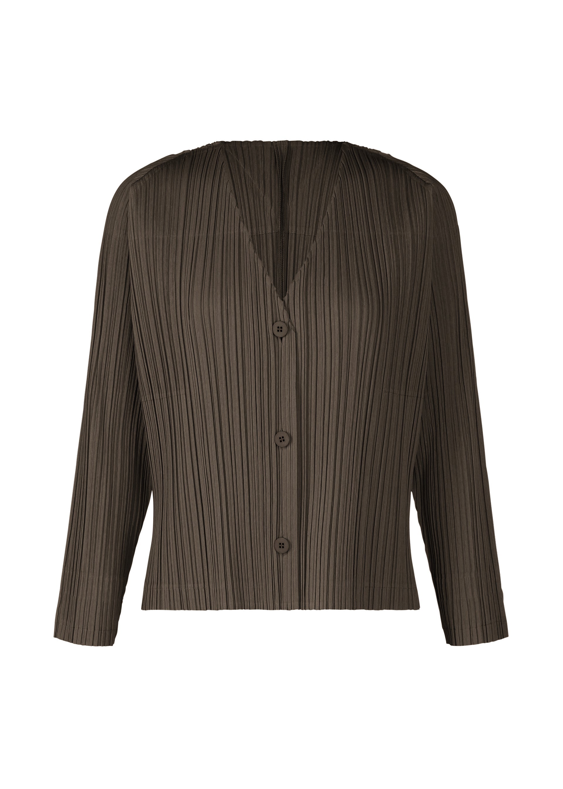 A product shot of the PLEATS PLEASE ISSEY MIYAKE RAMIE PLEATS cardigan in dark brown (45).