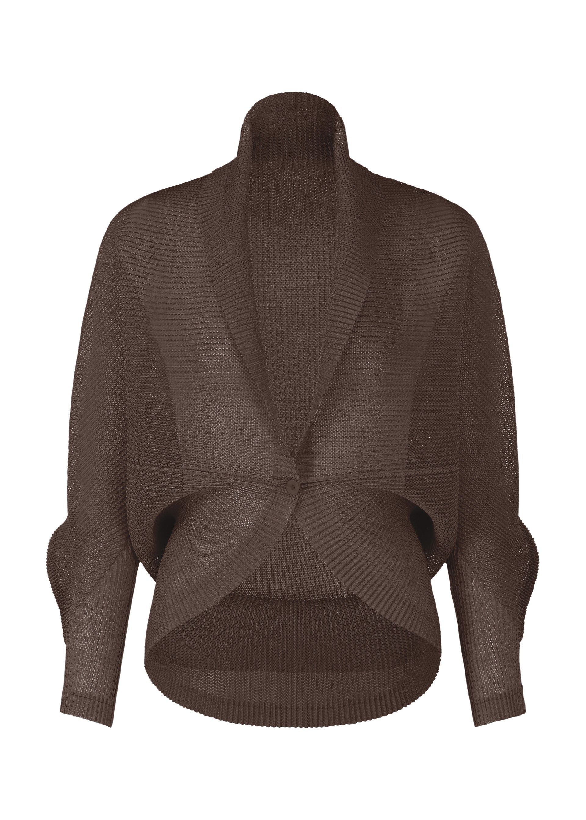 A product shot of the PLEATS PLEASE ISSEY MIYAKE TATAMI JULY cardigan in dark brown.