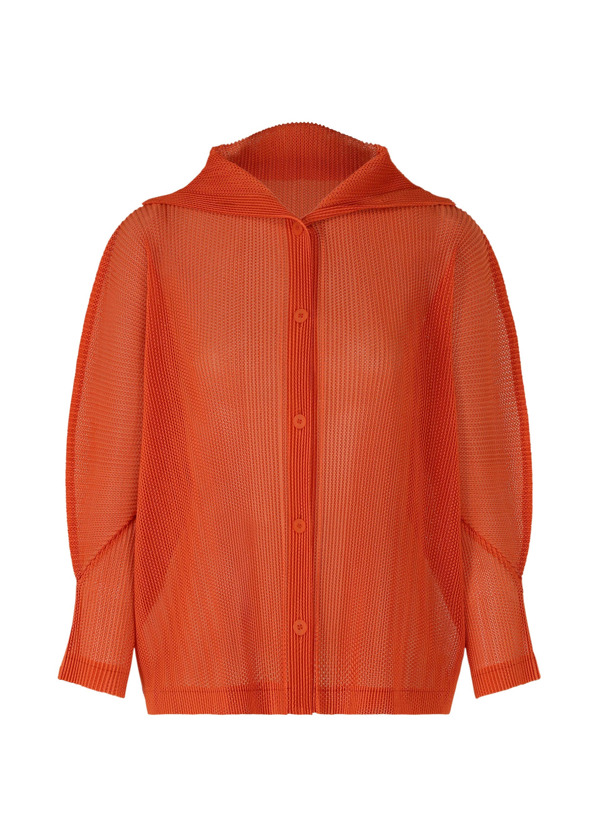 A product shot of the PLEATS PLEASE ISSEY MIYAKE TATAMI JULY cardigan in orange.